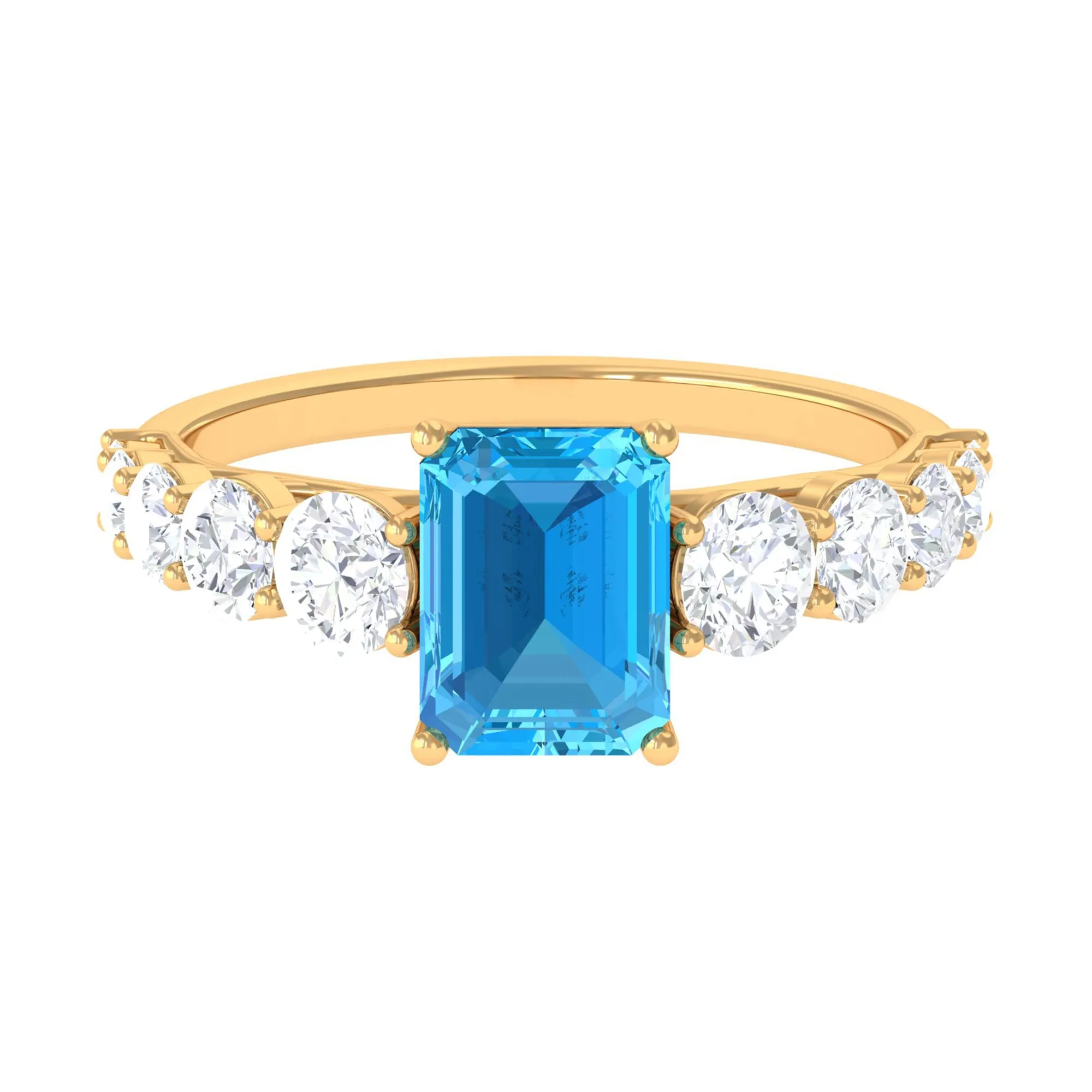 Octagon Cut Swiss Blue Topaz and Moissanite Side Stone Engagement Ring