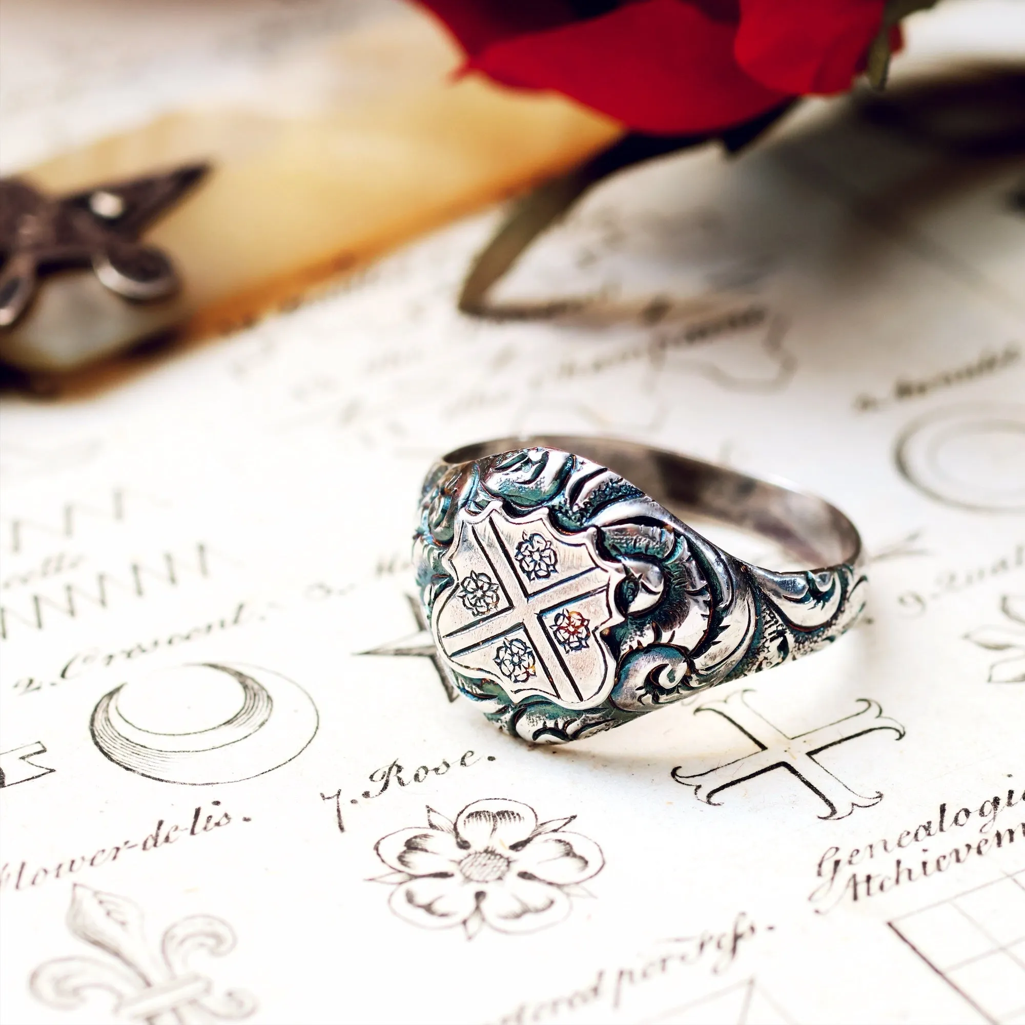 Ornate Saltire Cross & Tudor Rose Silver Signet Ring