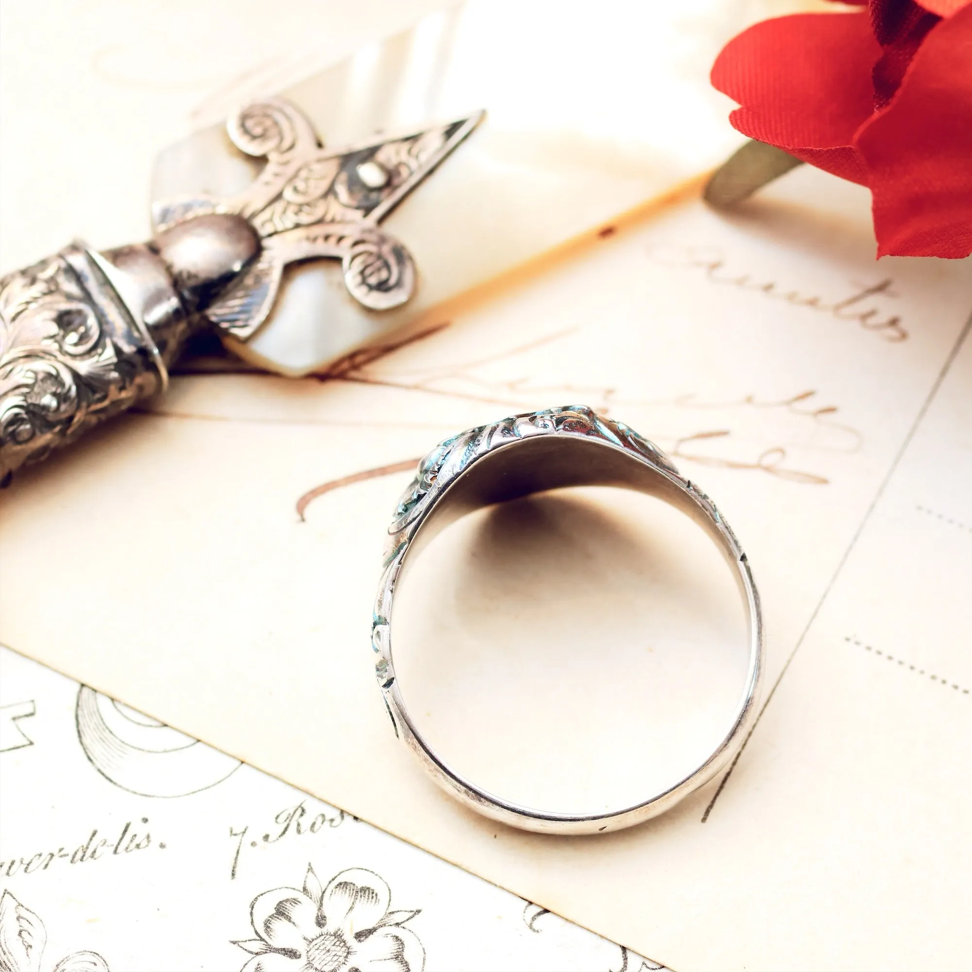 Ornate Saltire Cross & Tudor Rose Silver Signet Ring