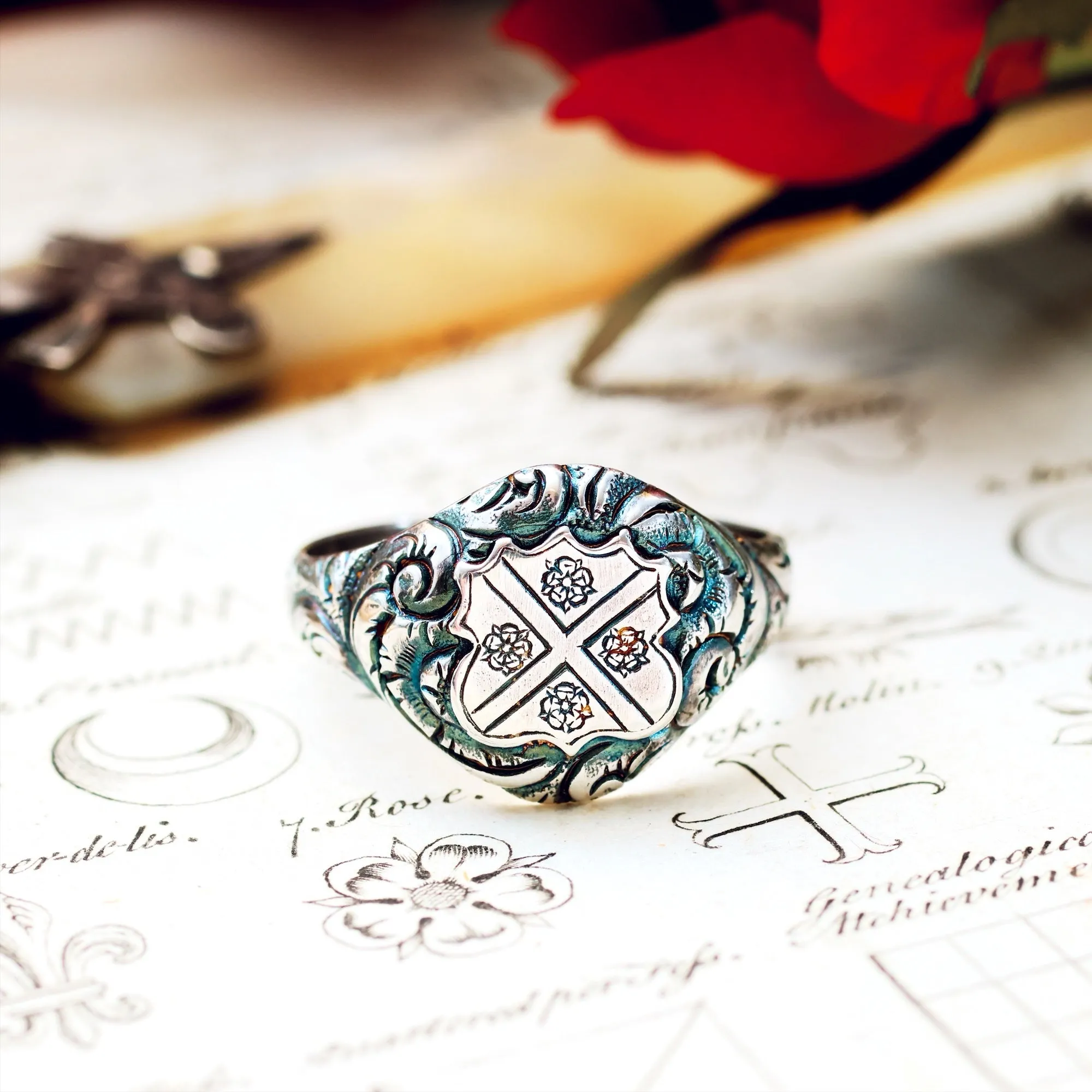 Ornate Saltire Cross & Tudor Rose Silver Signet Ring