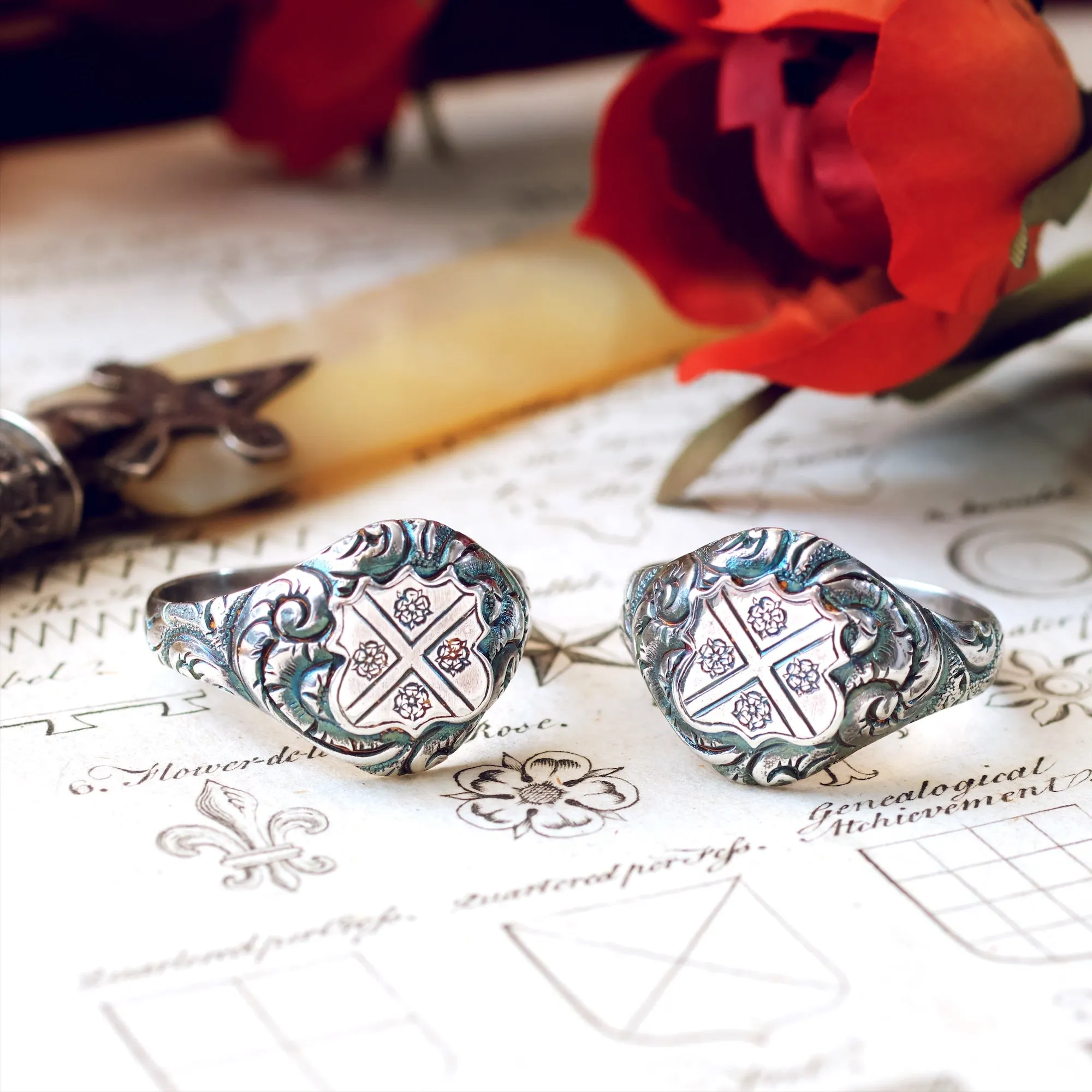 Ornate Saltire Cross & Tudor Rose Silver Signet Ring