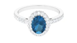 Oval London Blue Topaz Classic Halo Engagement Ring with Moissanite