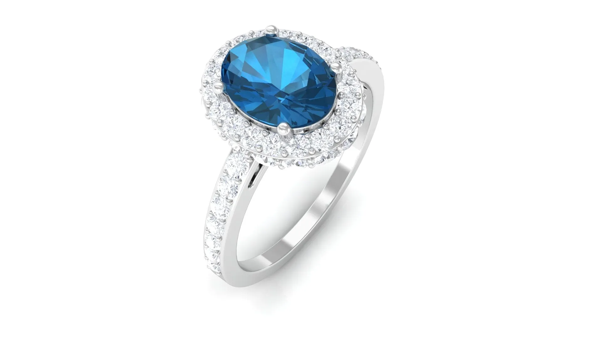 Oval London Blue Topaz Classic Halo Engagement Ring with Moissanite