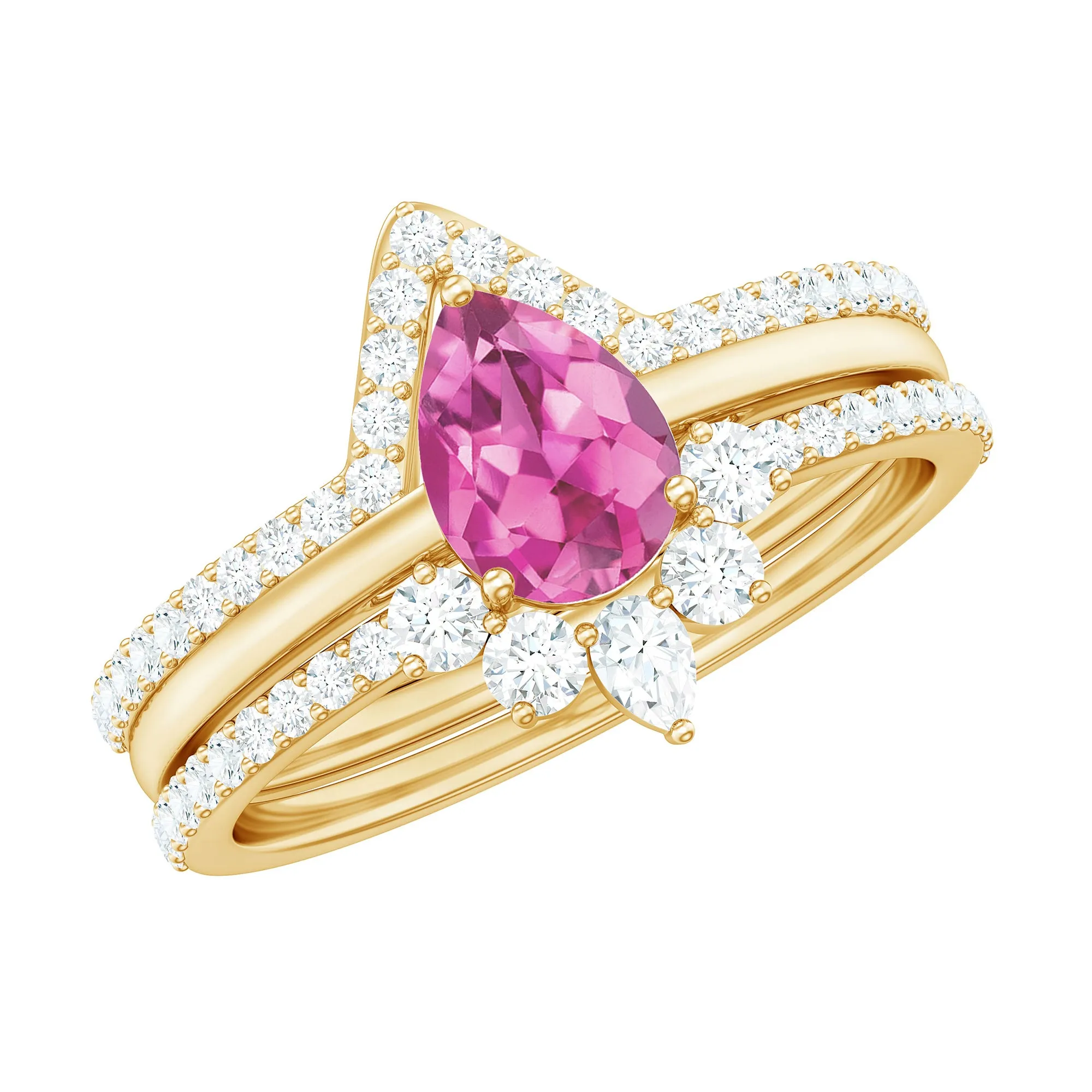 Pear Cut Pink Tourmaline Trio Wedding Ring Set with Moissanite