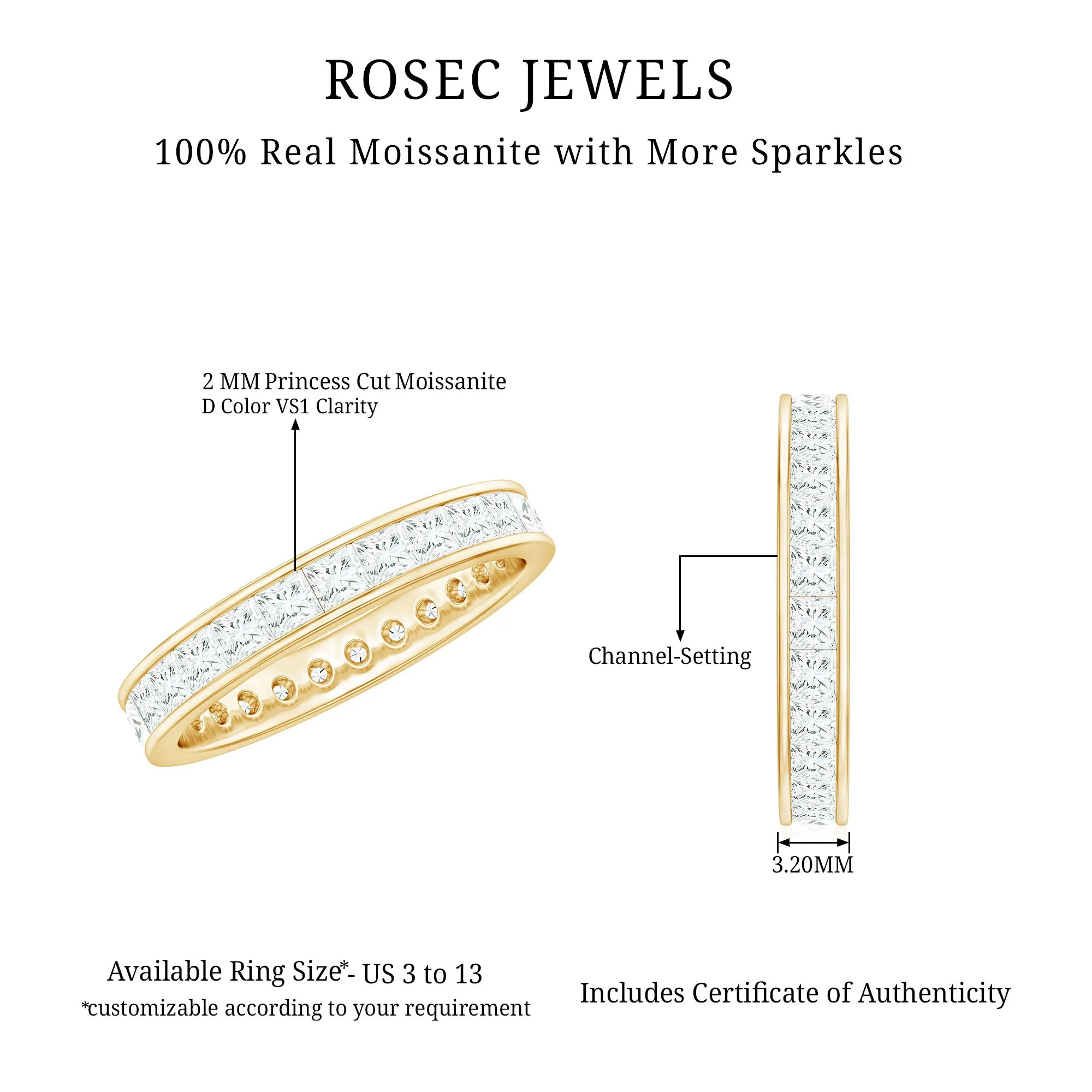 Princess Cut Moissanite Eternity Band Ring in Channel Setting