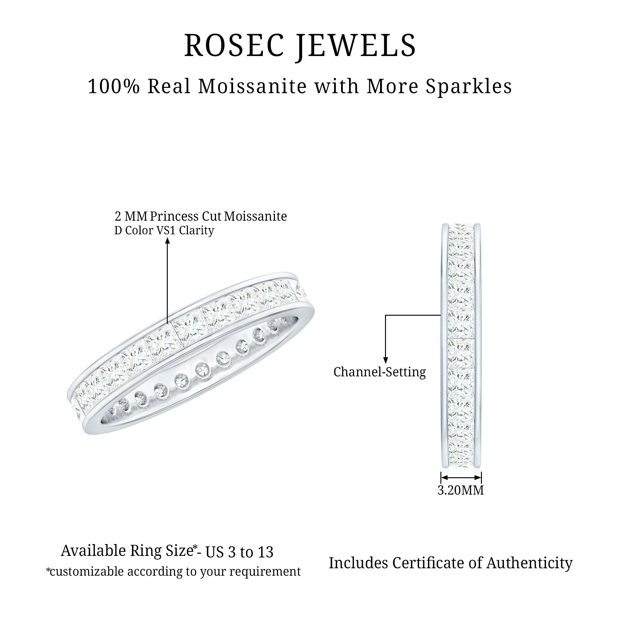 Princess Cut Moissanite Eternity Band Ring in Channel Setting