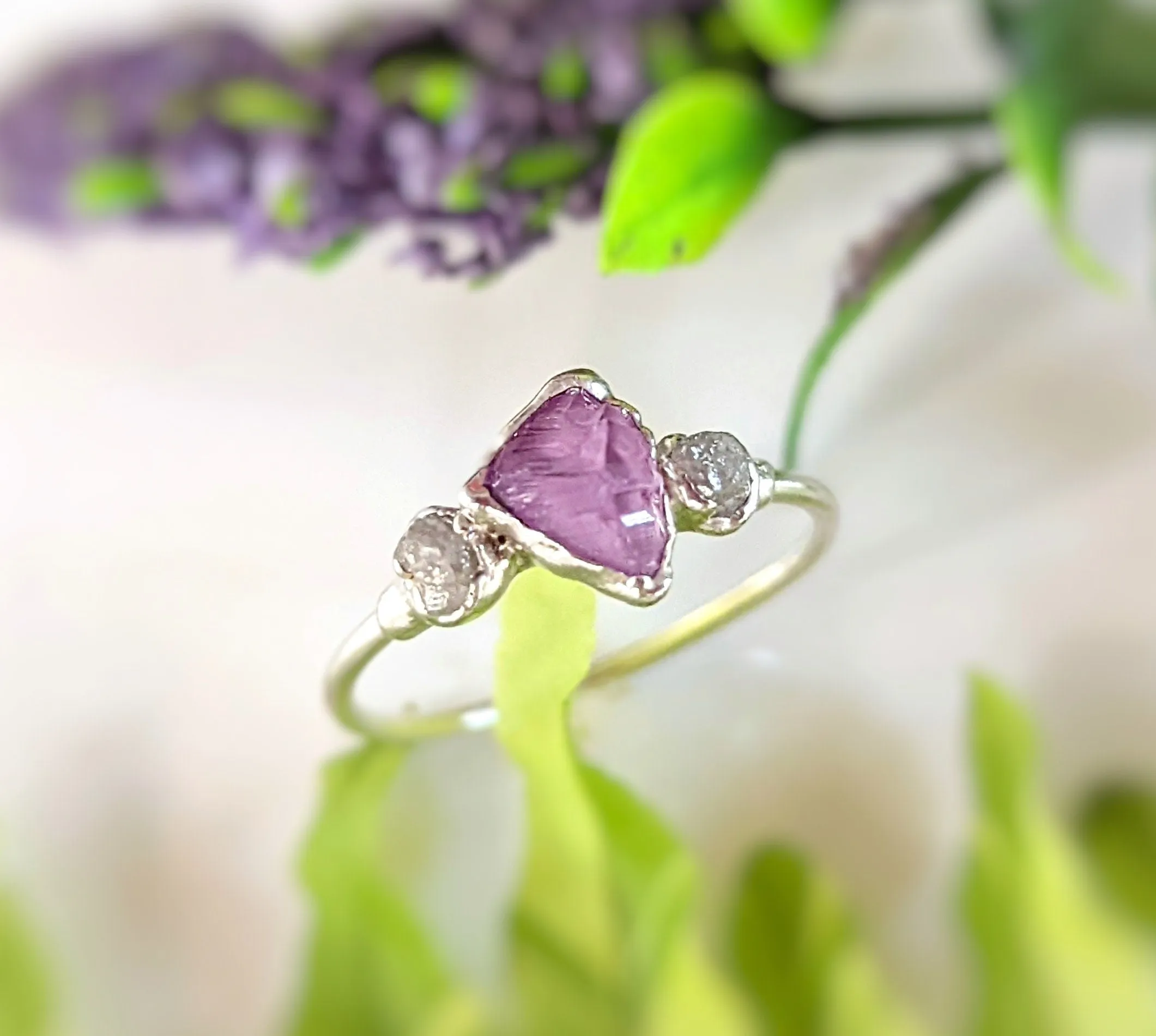 Raw Alexandrite and diamond Silver ring