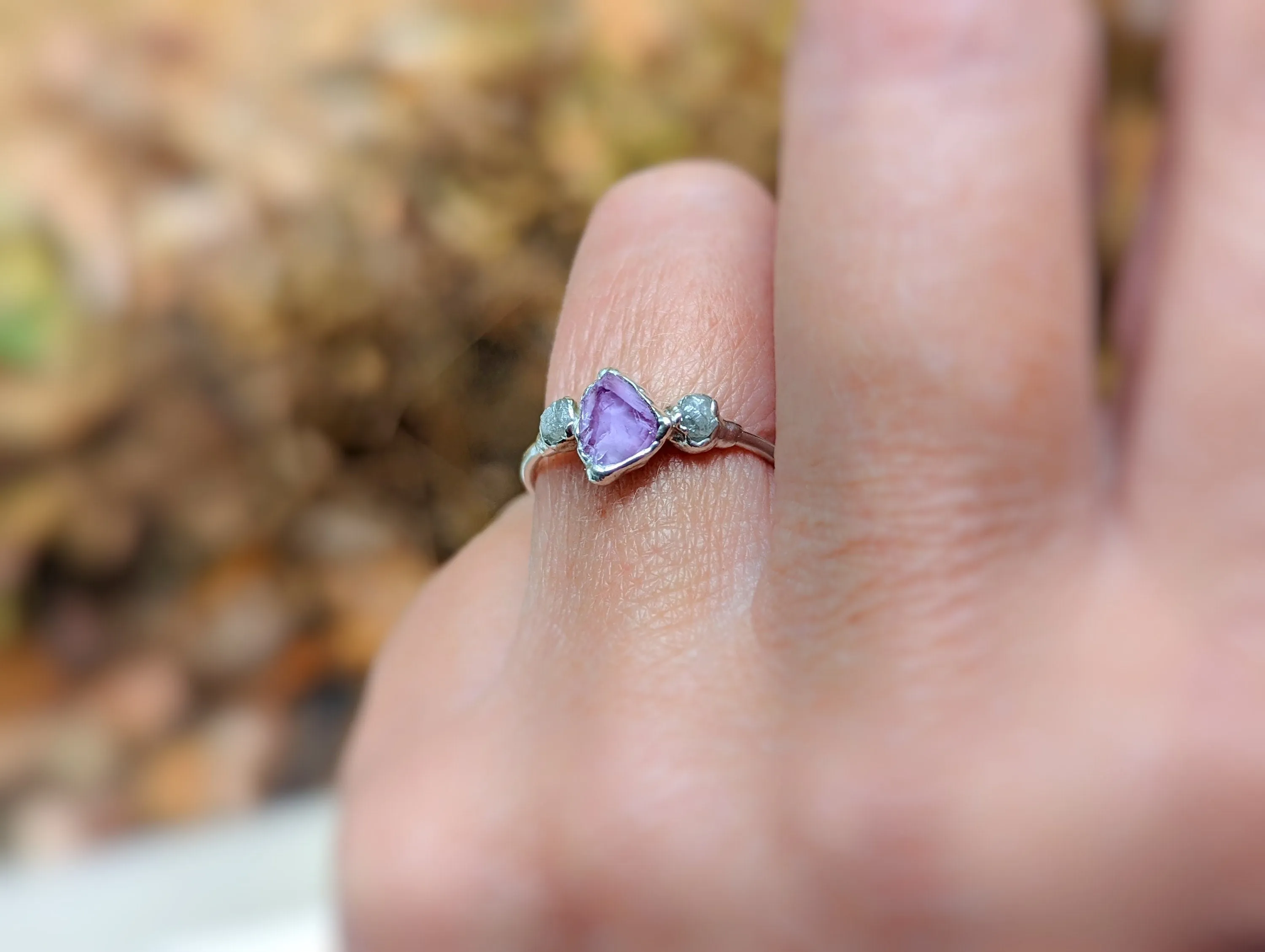 Raw Alexandrite and diamond Silver ring