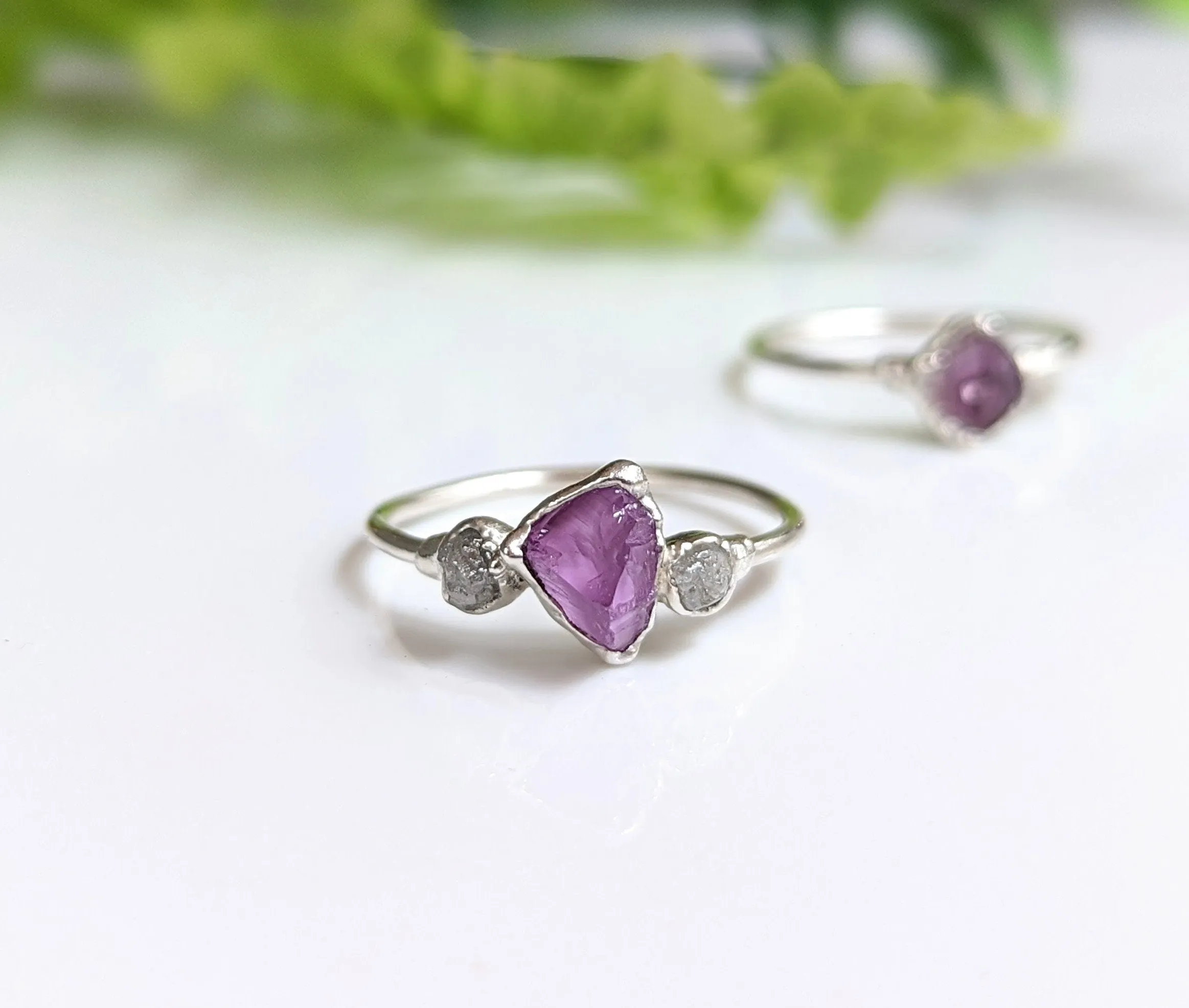 Raw Alexandrite and diamond Silver ring