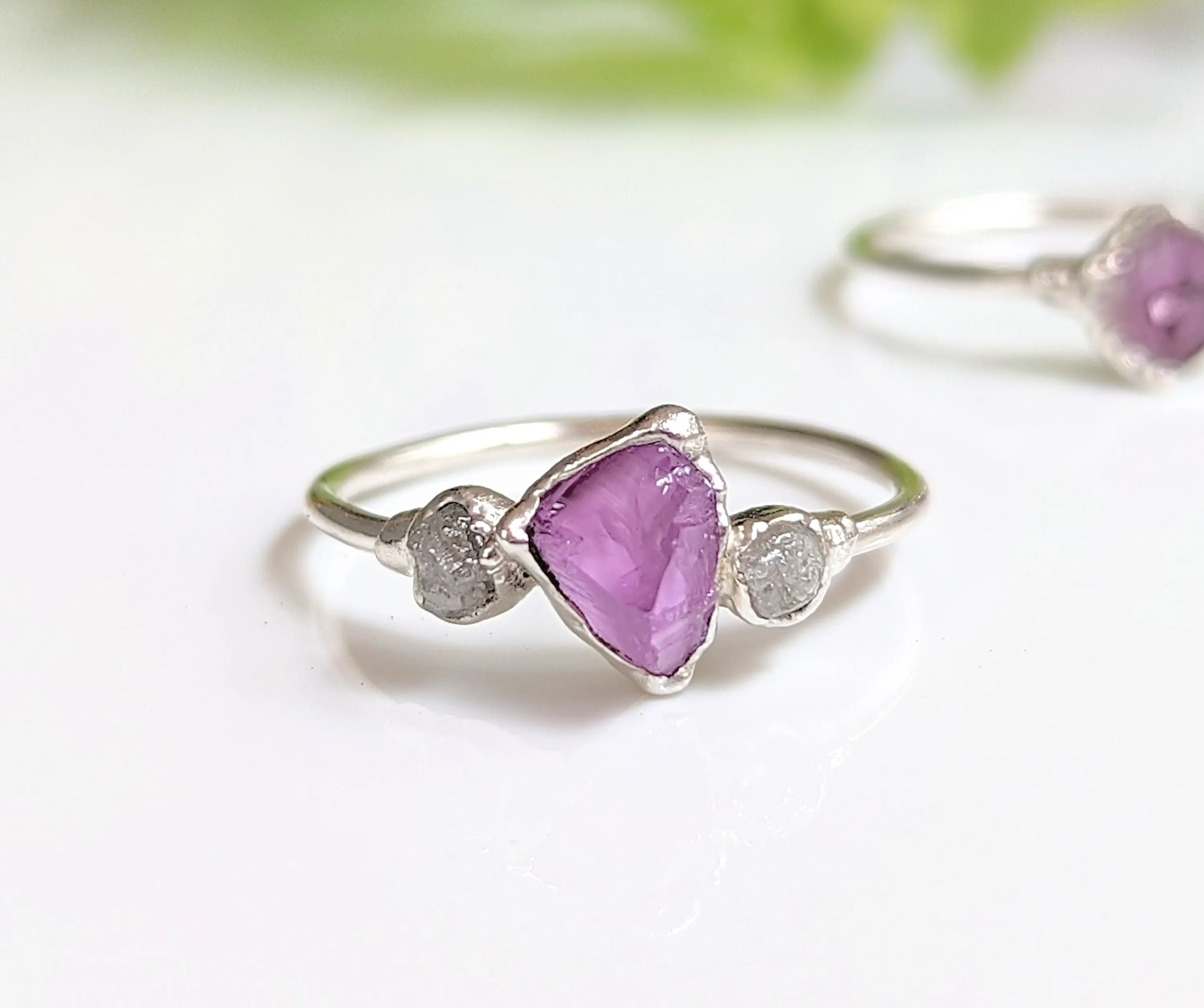 Raw Alexandrite and diamond Silver ring