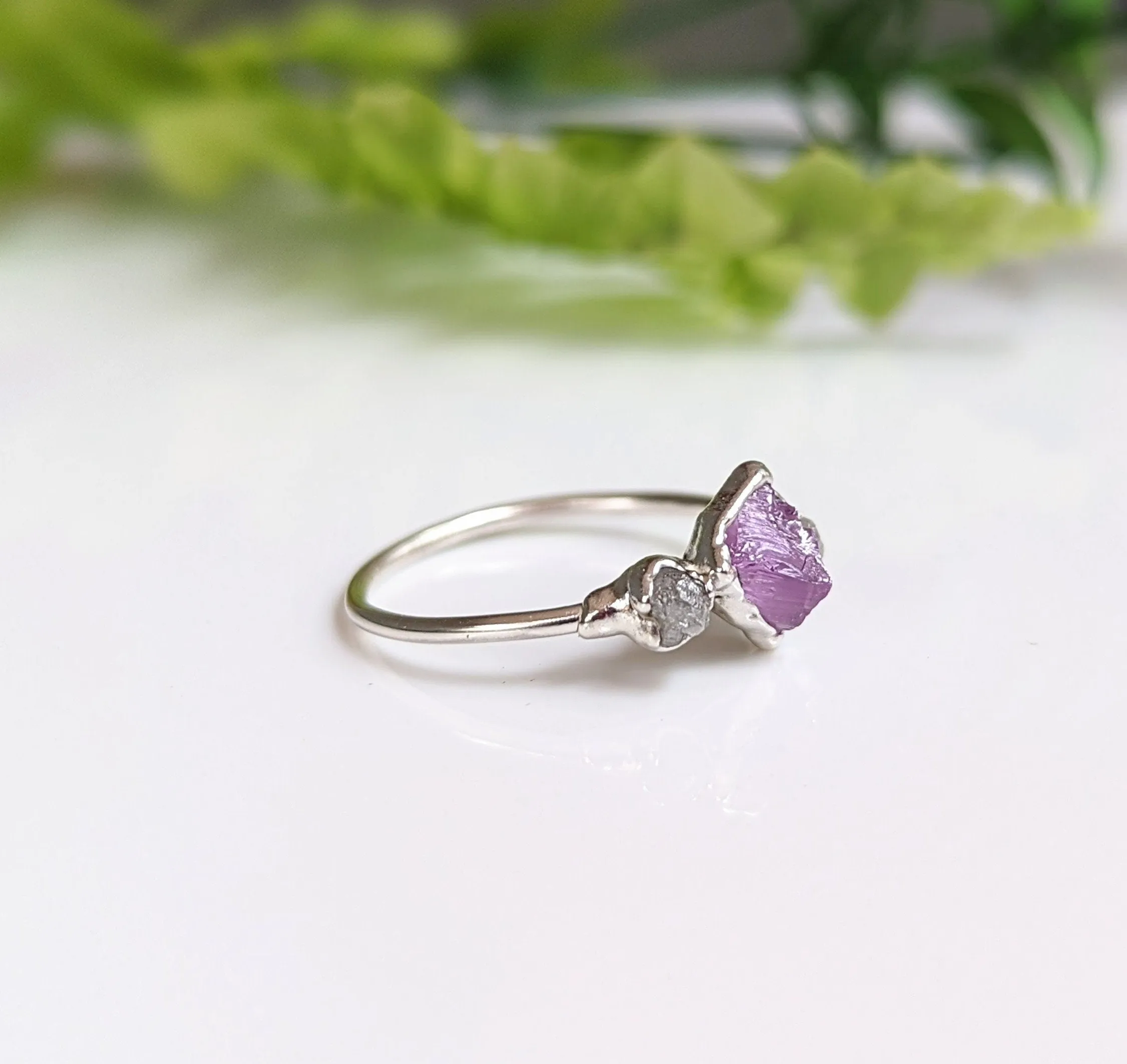 Raw Alexandrite and diamond Silver ring