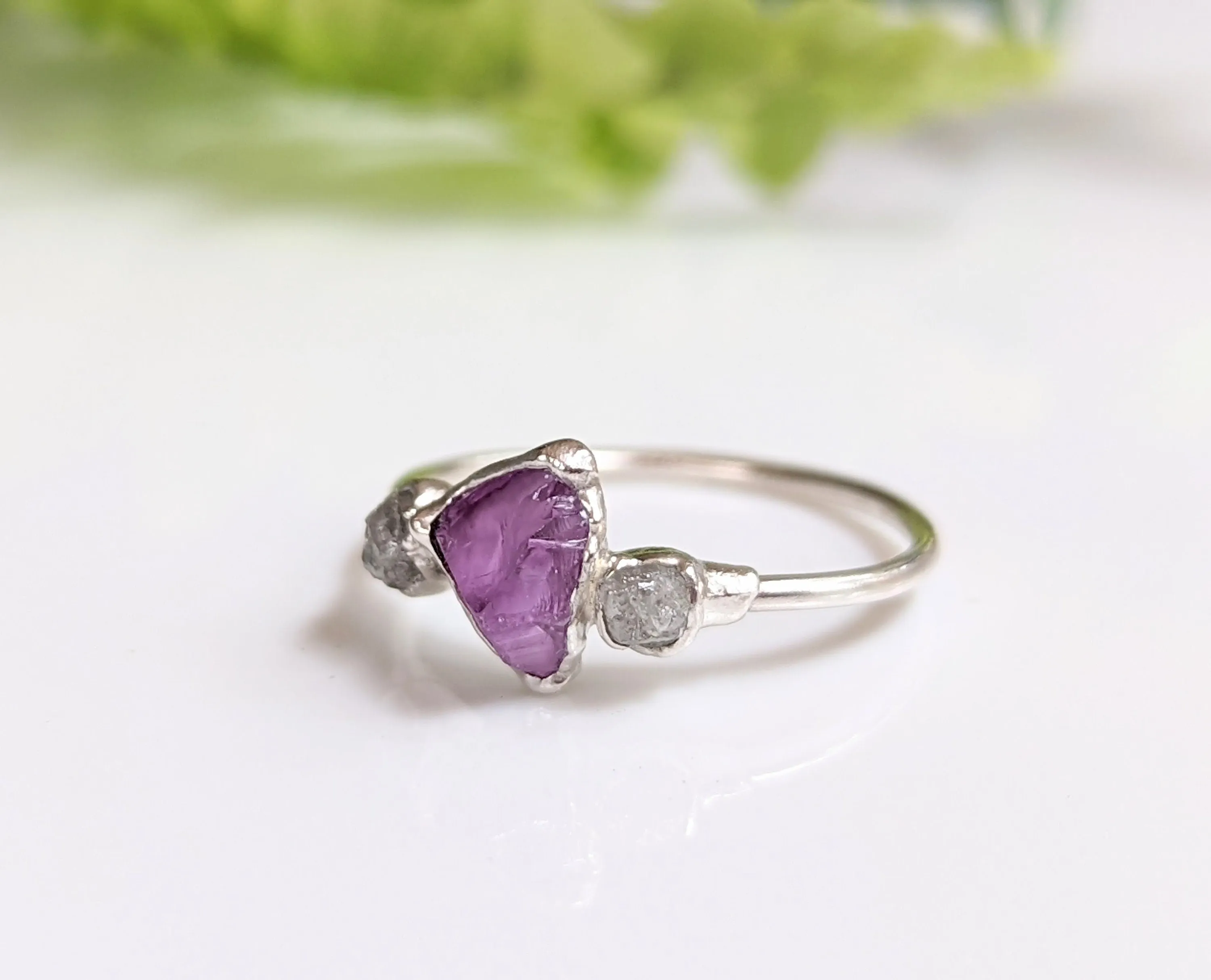 Raw Alexandrite and diamond Silver ring