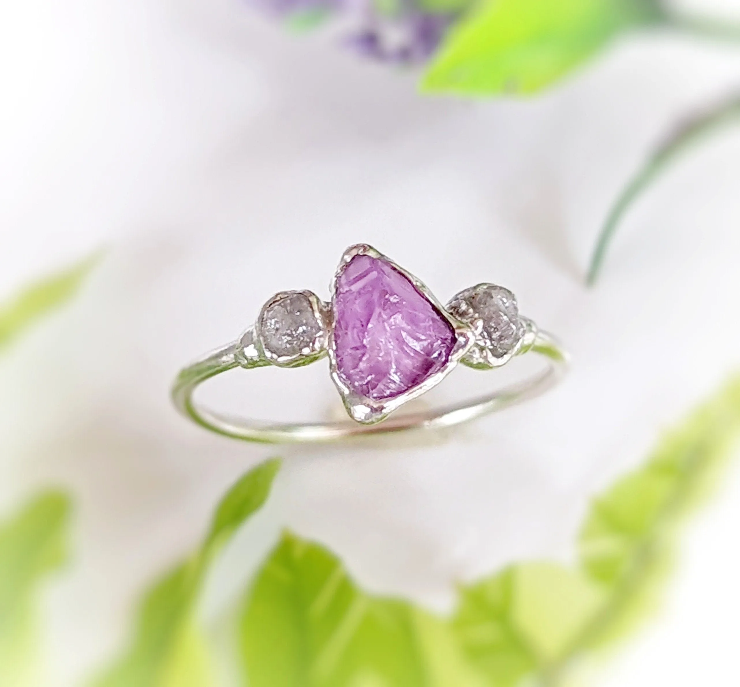 Raw Alexandrite and diamond Silver ring