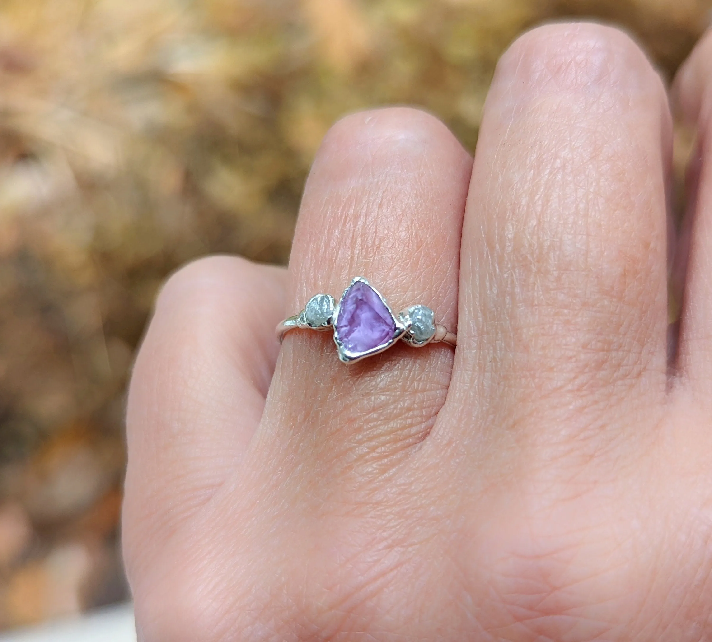 Raw Alexandrite and diamond Silver ring