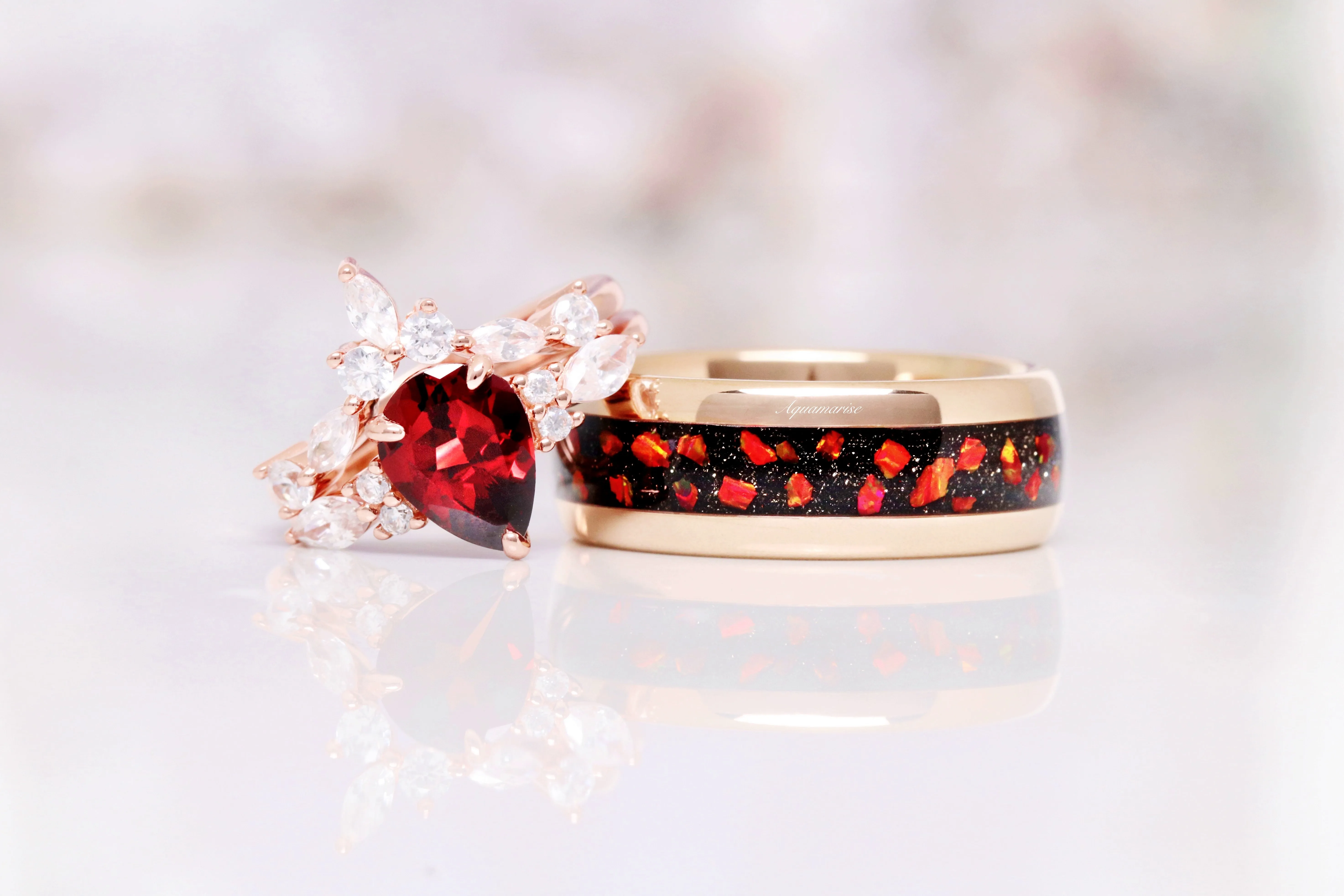 Red Fire Opal & Starry Night Wedding Band- 8MM Rose Gold Tungsten