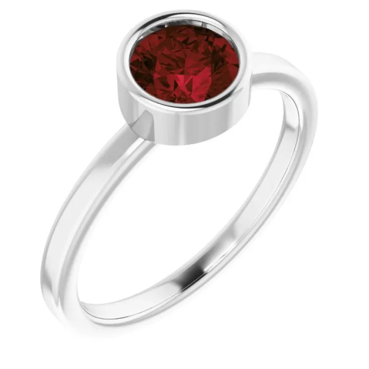 Rhodium-Plated Sterling Silver 6 mm Imitation Garnet Ring