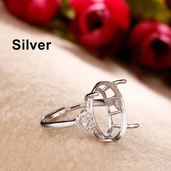 Ring Setting Blank 17mm 1pc 925 Sterling Silver CZ Semi Mount for 1 Oval Faceted Stone 4 Prongs Love Theme Adjustable Wholesale Available