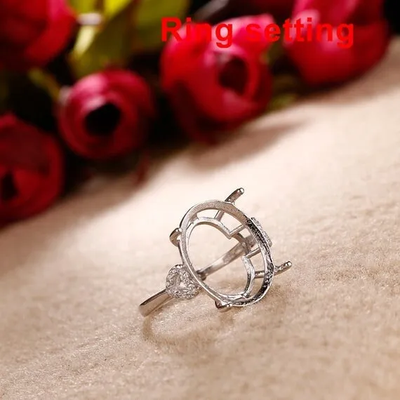 Ring Setting Blank 17mm 1pc 925 Sterling Silver CZ Semi Mount for 1 Oval Faceted Stone 4 Prongs Love Theme Adjustable Wholesale Available