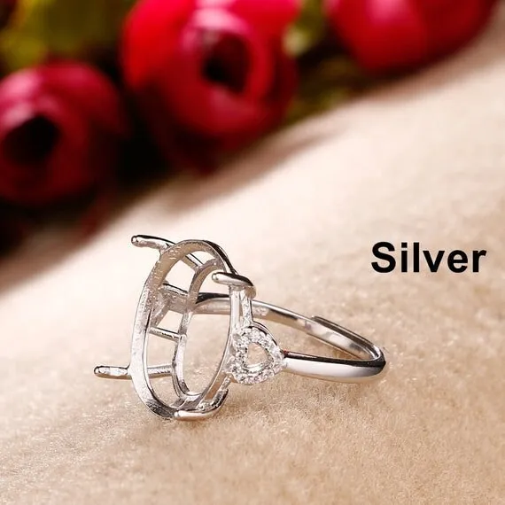 Ring Setting Blank 17mm 1pc 925 Sterling Silver CZ Semi Mount for 1 Oval Faceted Stone 4 Prongs Love Theme Adjustable Wholesale Available