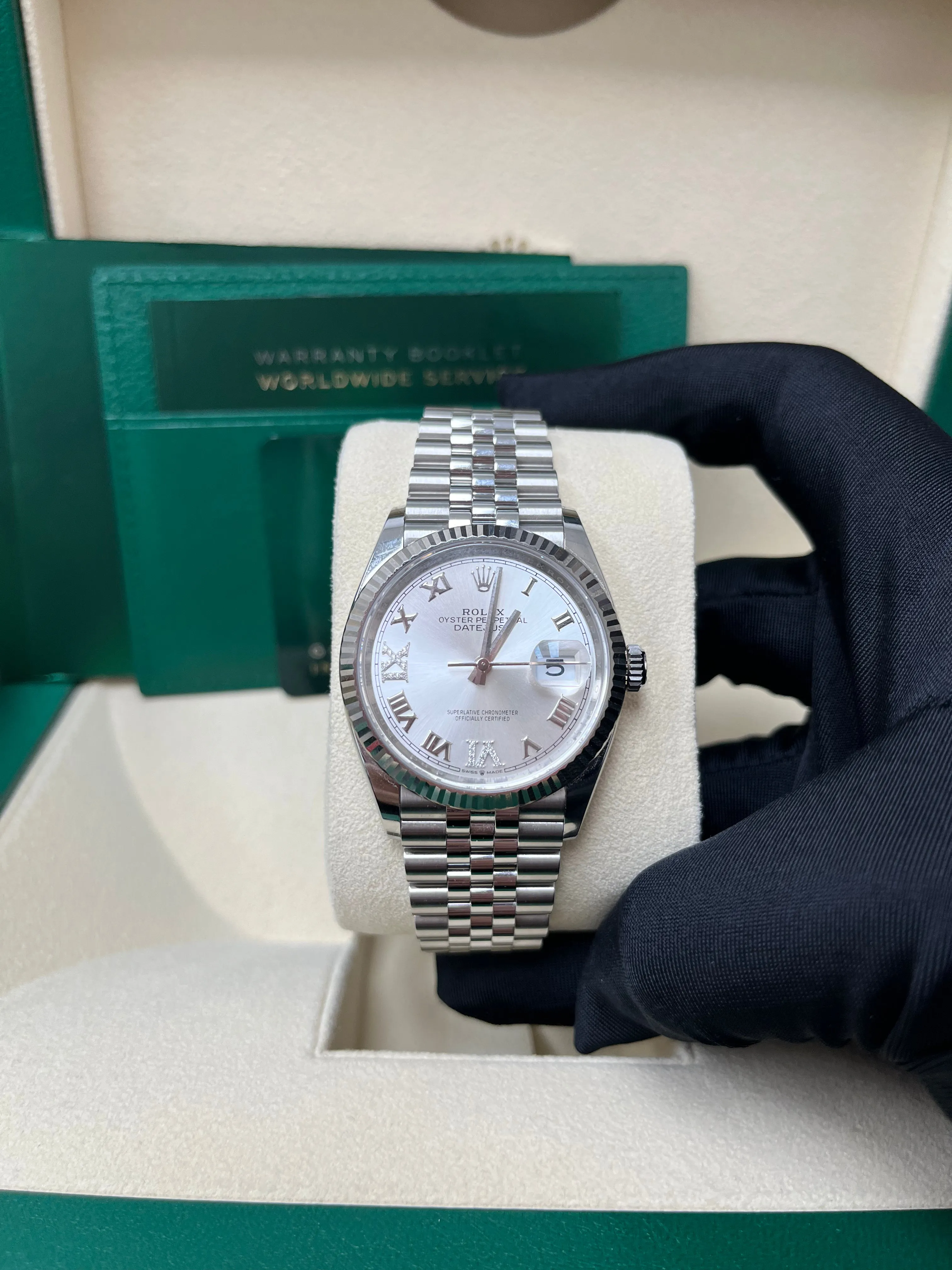 Rolex Datejust 36 Steel Datejust 36mm Fluted Bezel Silver Diamond Roman VI and IX Dial Jubilee 126234