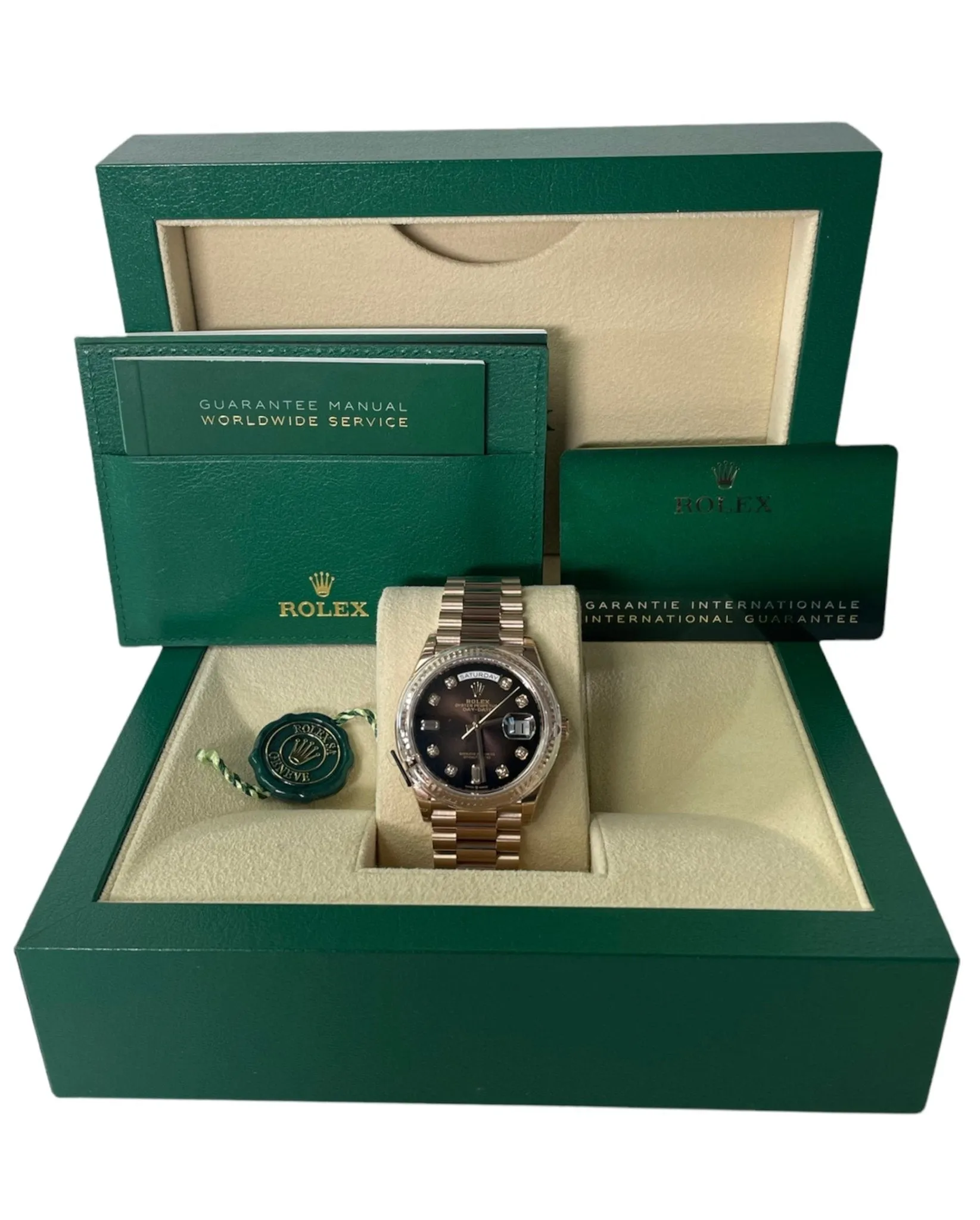 Rolex Everose Gold Day-Date 36 Watch - Fluted Bezel - Brown Ombre´ Diamond Dial - President Bracelet (Ref# 128235)