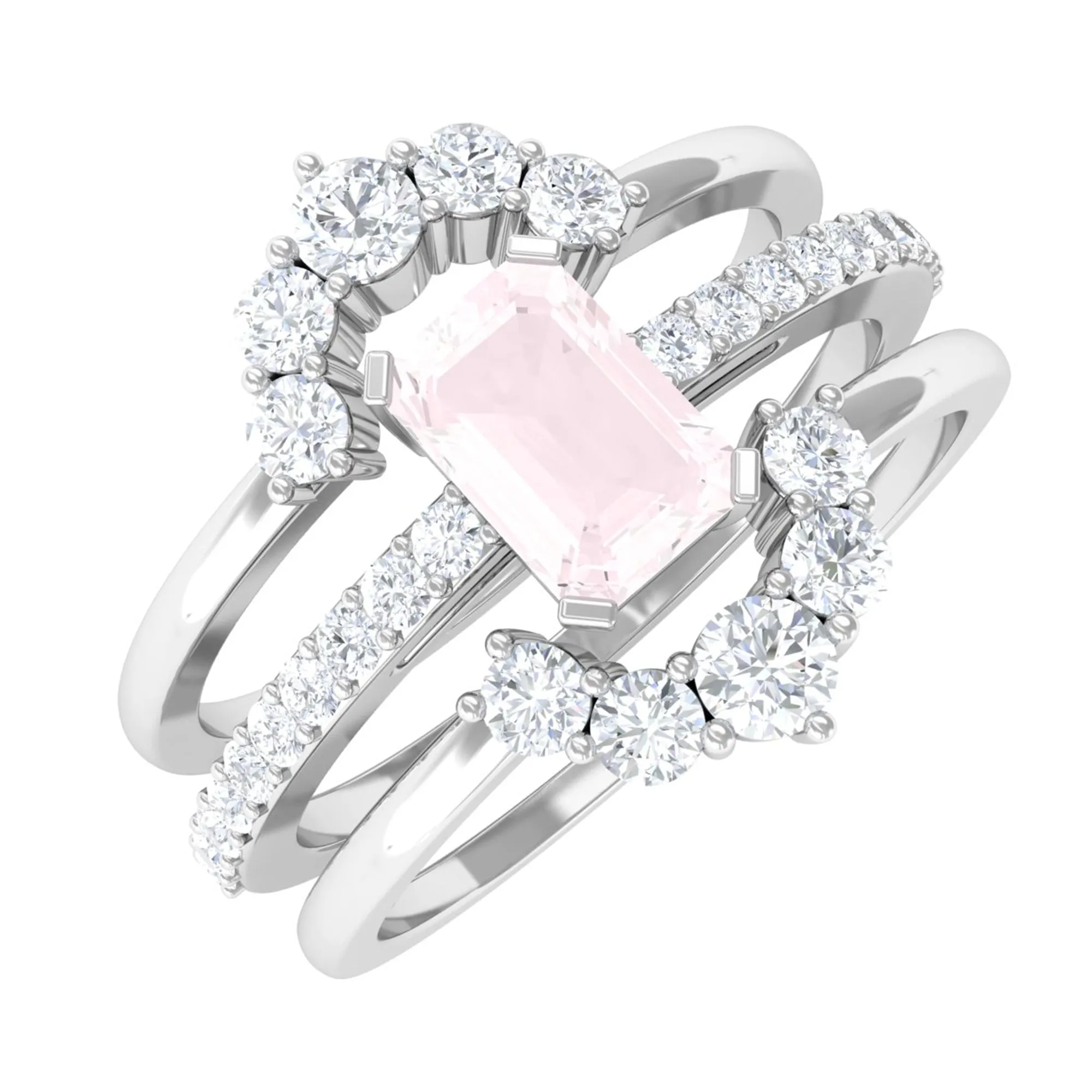 Rose Quartz Solitaire Trio Ring Set with Moissanite