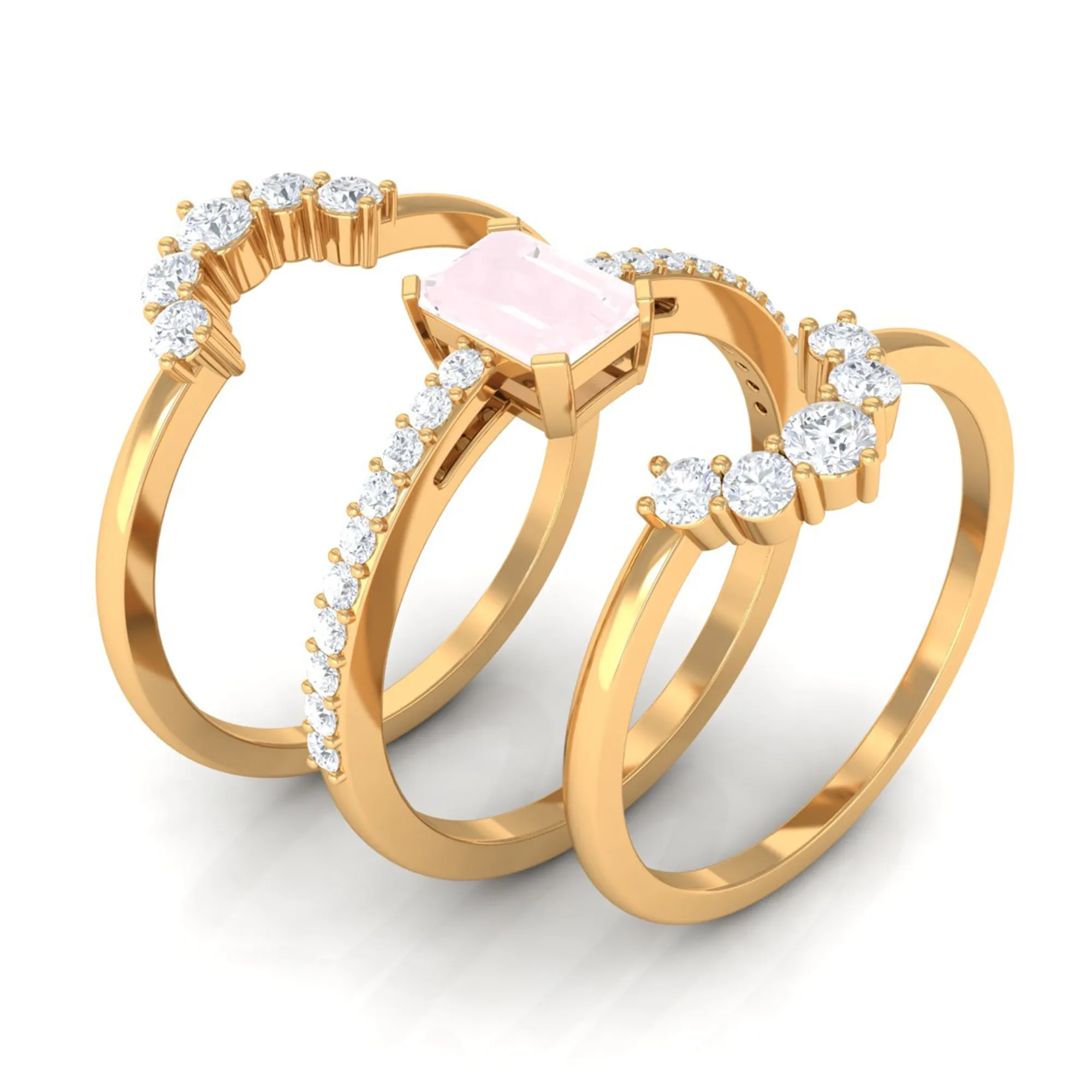 Rose Quartz Solitaire Trio Ring Set with Moissanite