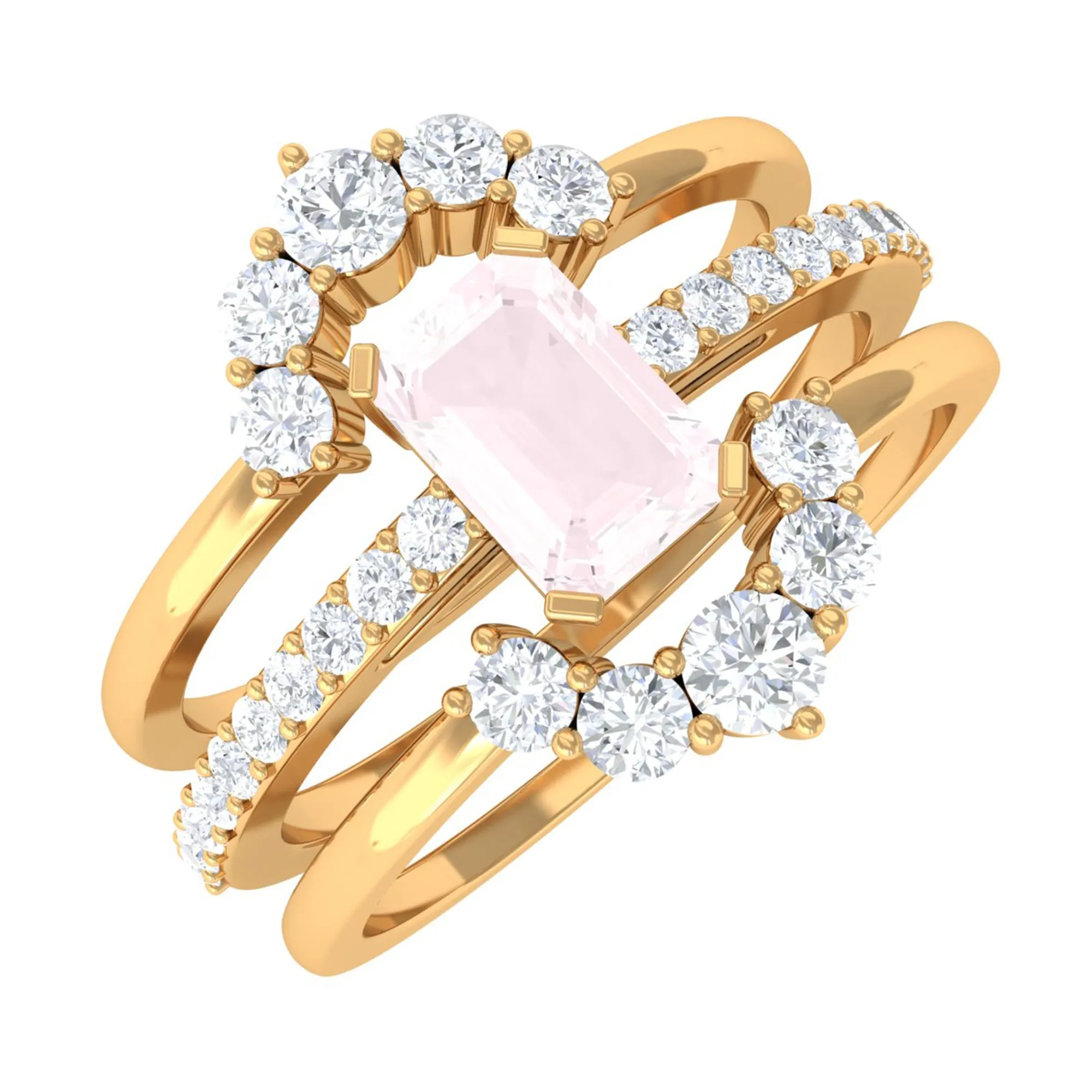 Rose Quartz Solitaire Trio Ring Set with Moissanite