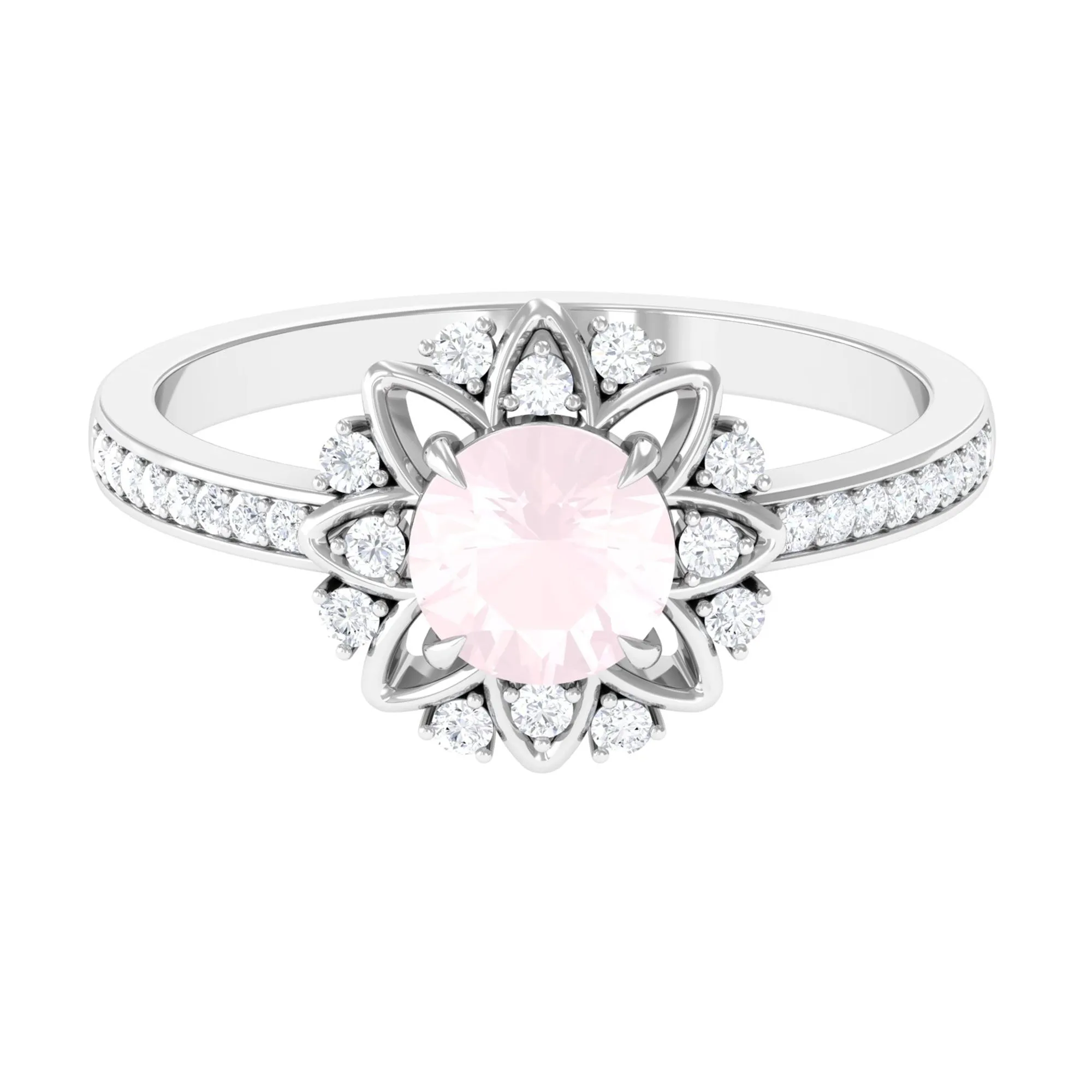 Round Rose Quartz and Diamond Flower Engagement Ring