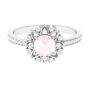 Round Rose Quartz and Diamond Flower Engagement Ring