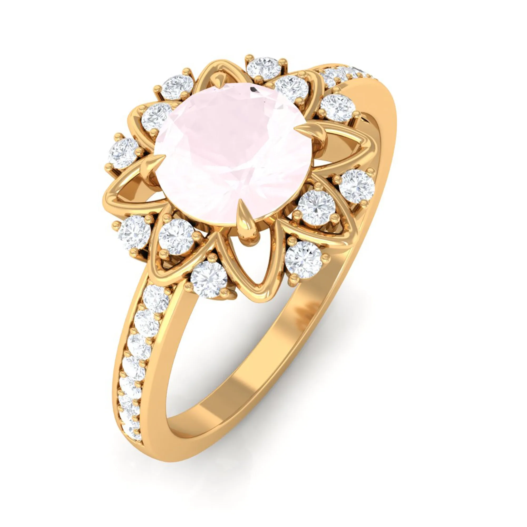 Round Rose Quartz and Diamond Flower Engagement Ring