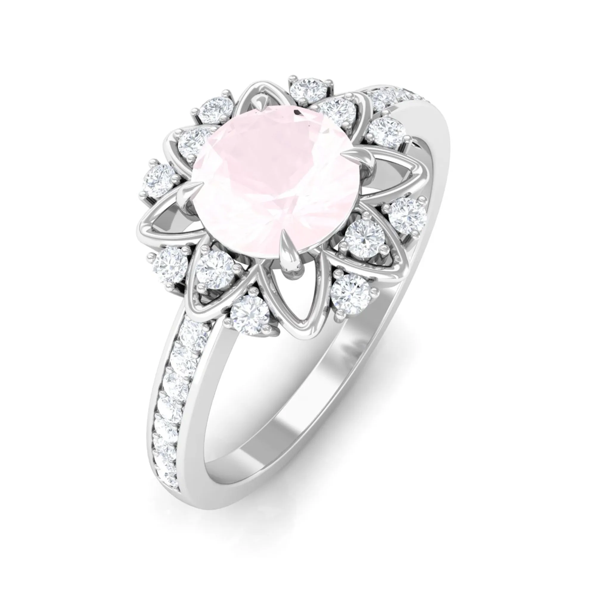 Round Rose Quartz and Diamond Flower Engagement Ring