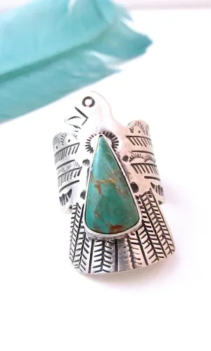 RUSSELL SAM Thunderbird Silver and Turquoise Ring, Sz 8 1/4