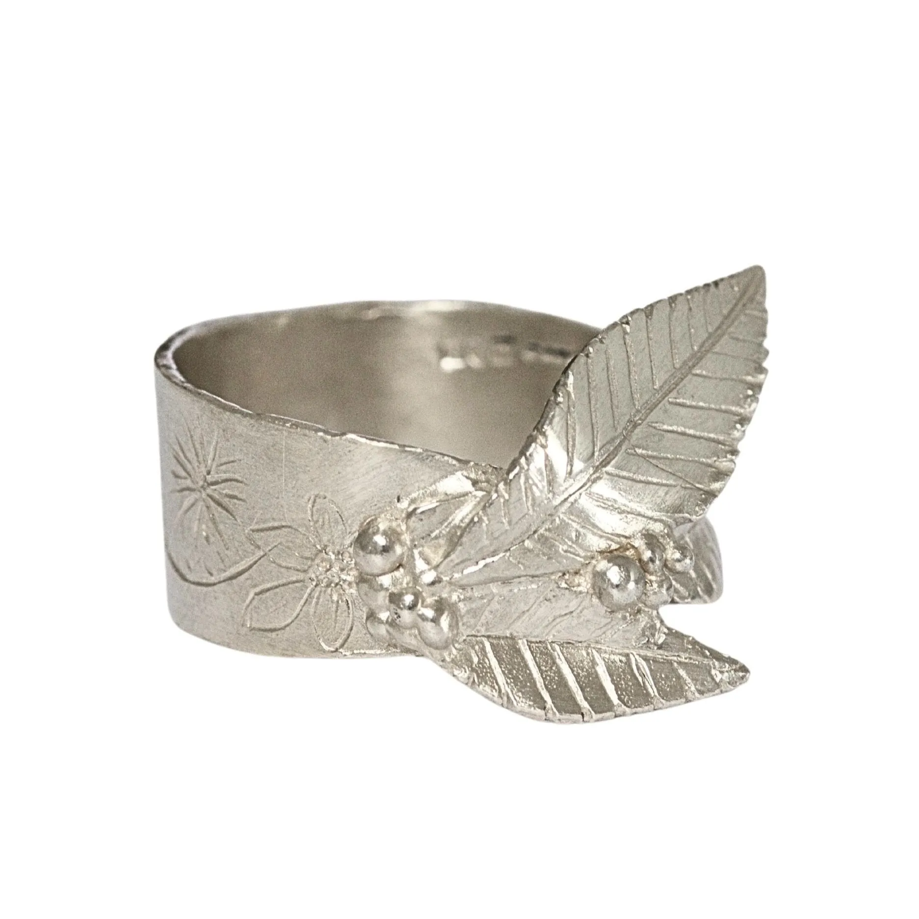 Sculptured Leaf Ring, Carved Silver Leaf Band