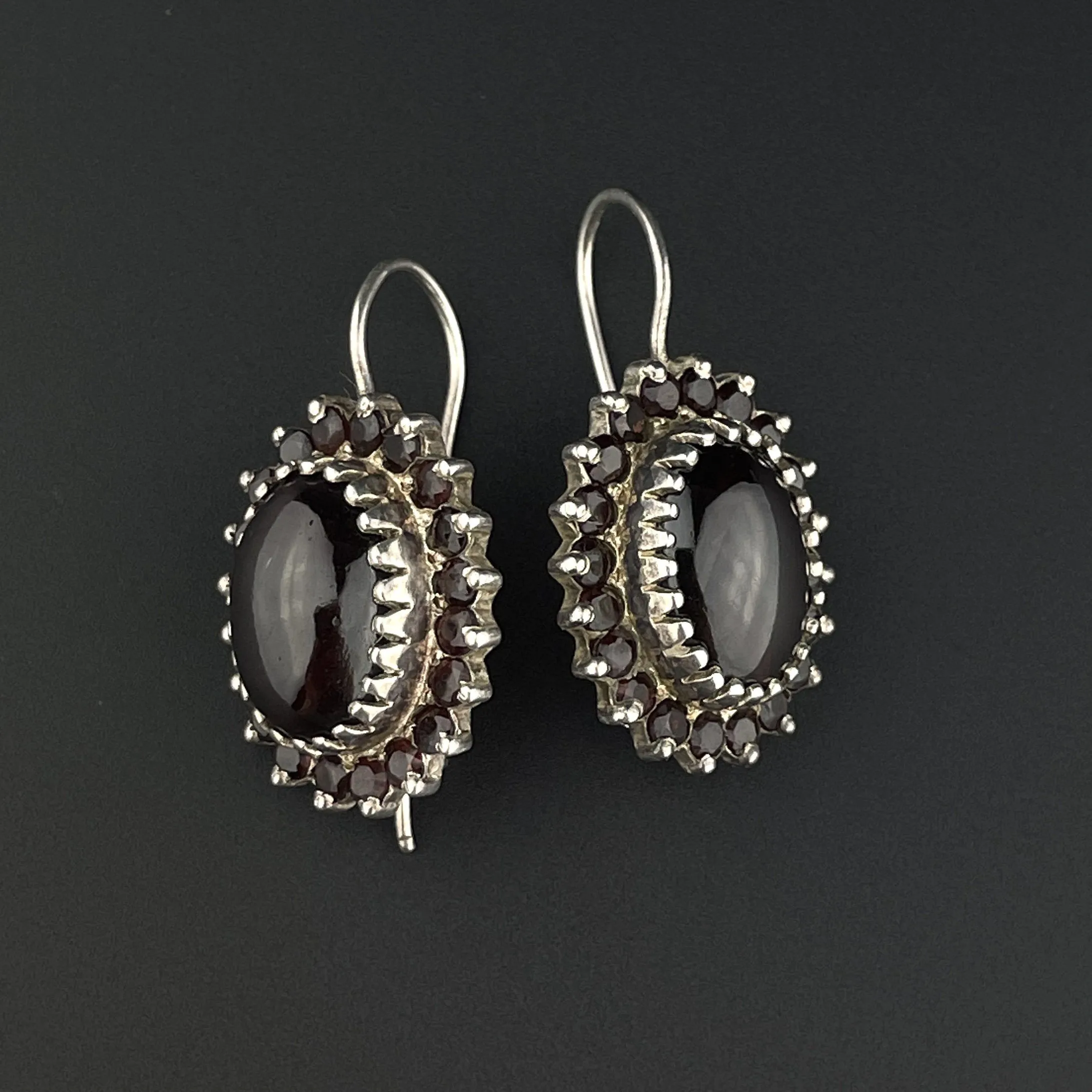 Silver Cabochon Garnet Cluster Dangle Earrings