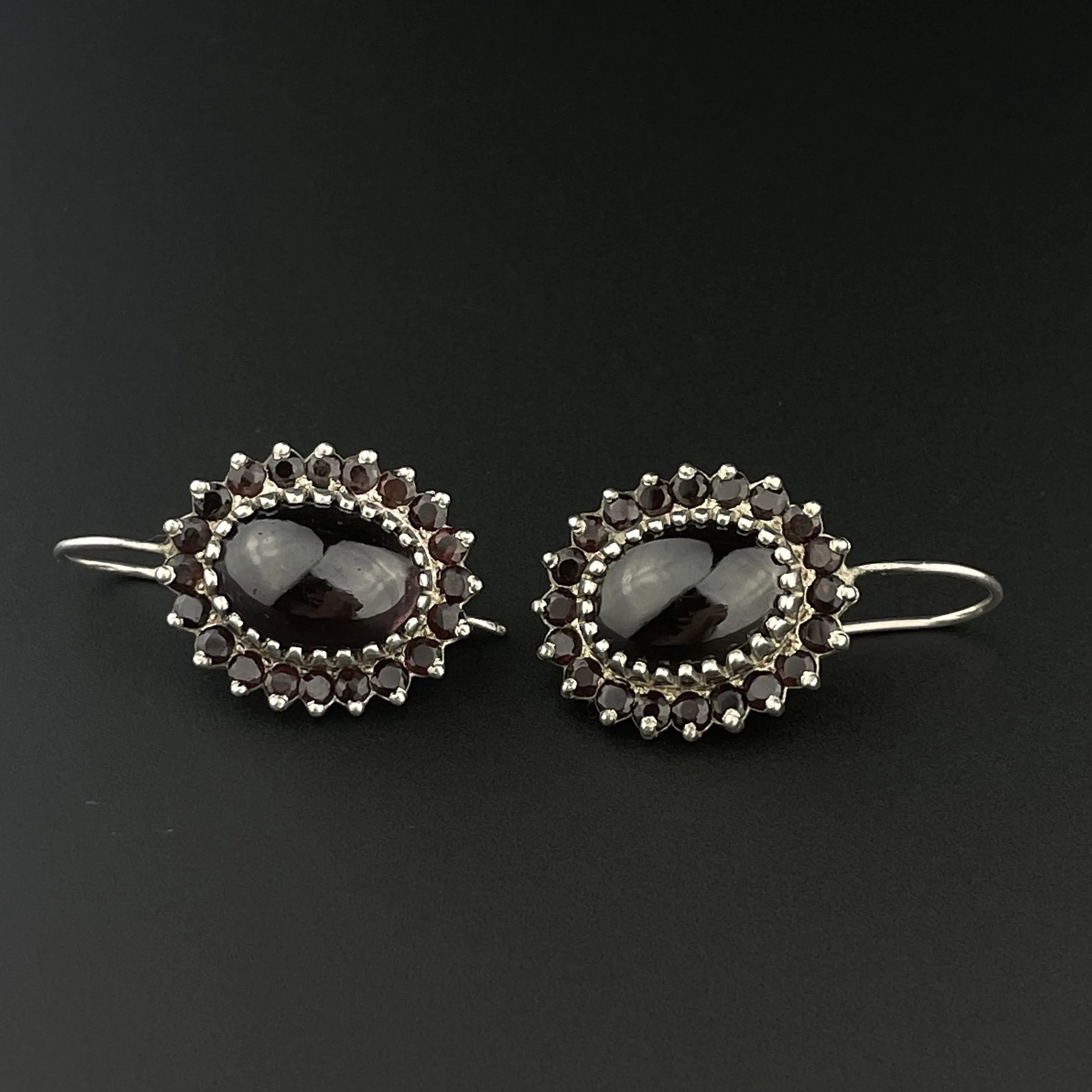 Silver Cabochon Garnet Cluster Dangle Earrings