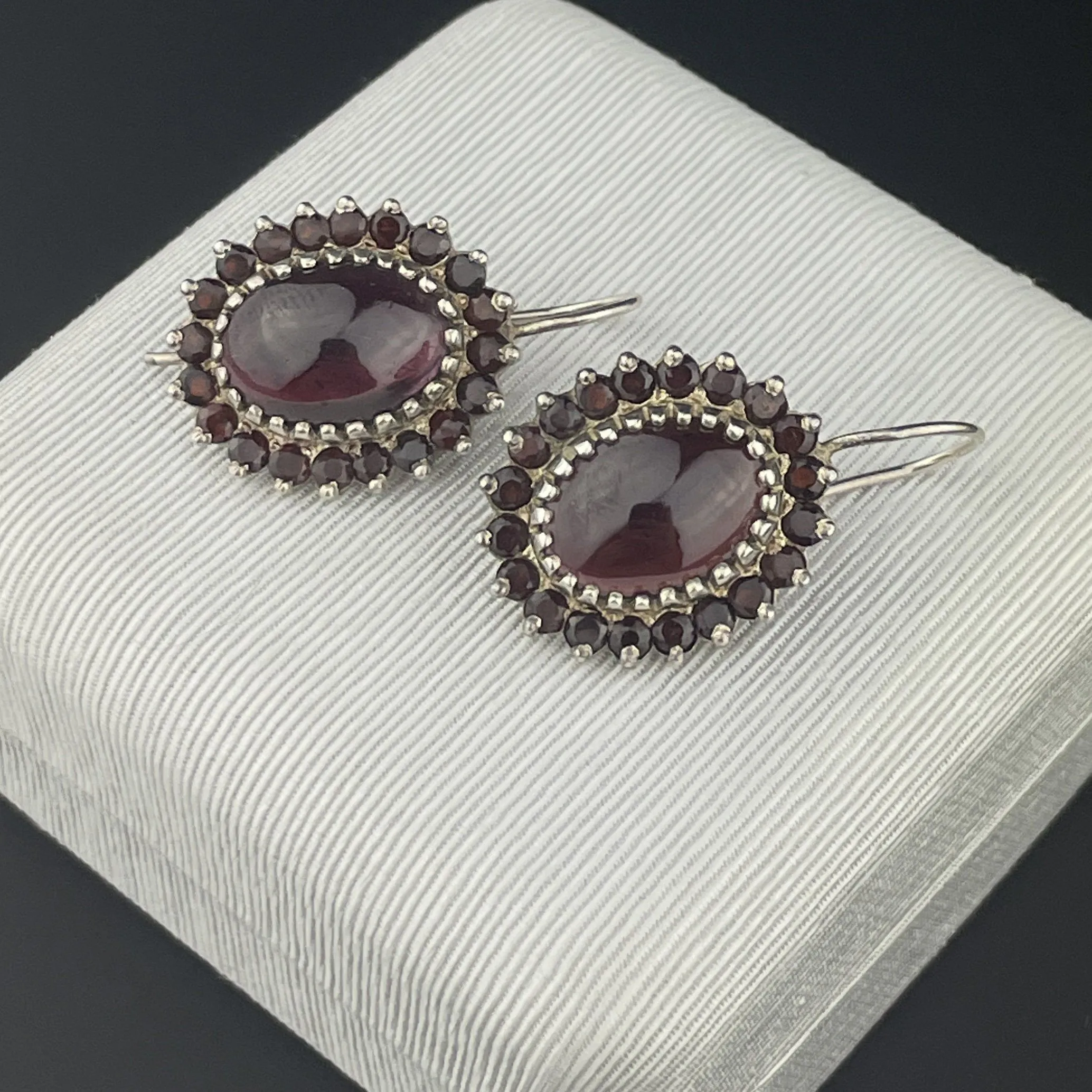 Silver Cabochon Garnet Cluster Dangle Earrings