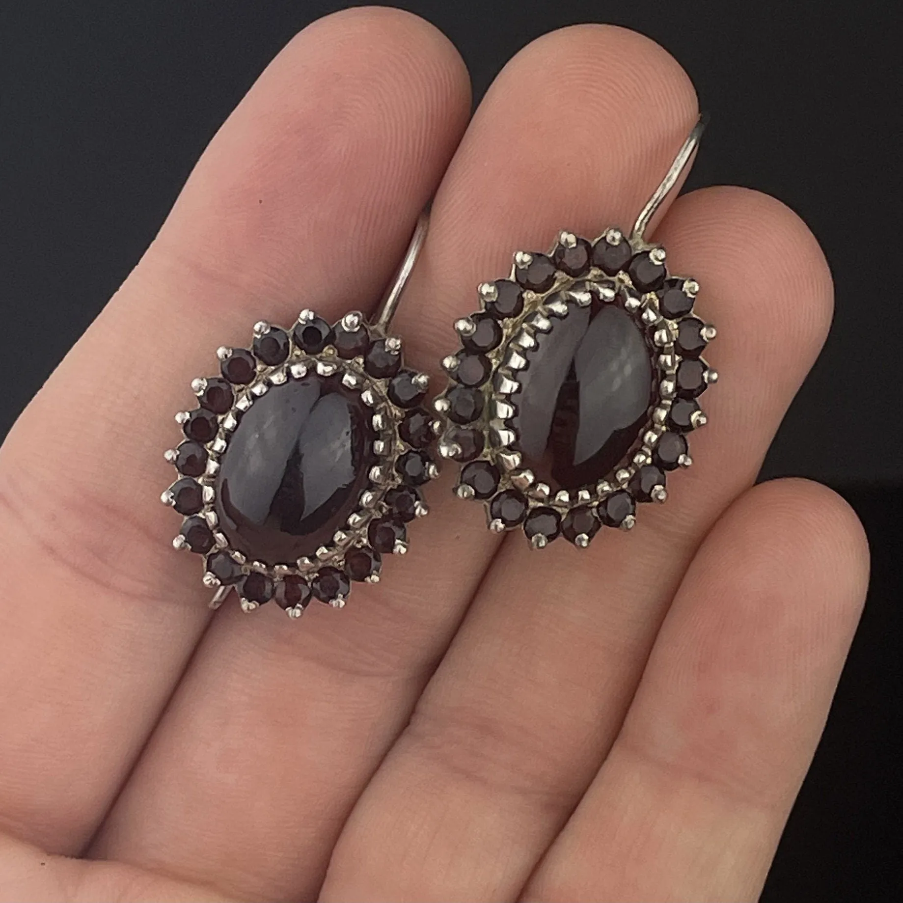 Silver Cabochon Garnet Cluster Dangle Earrings