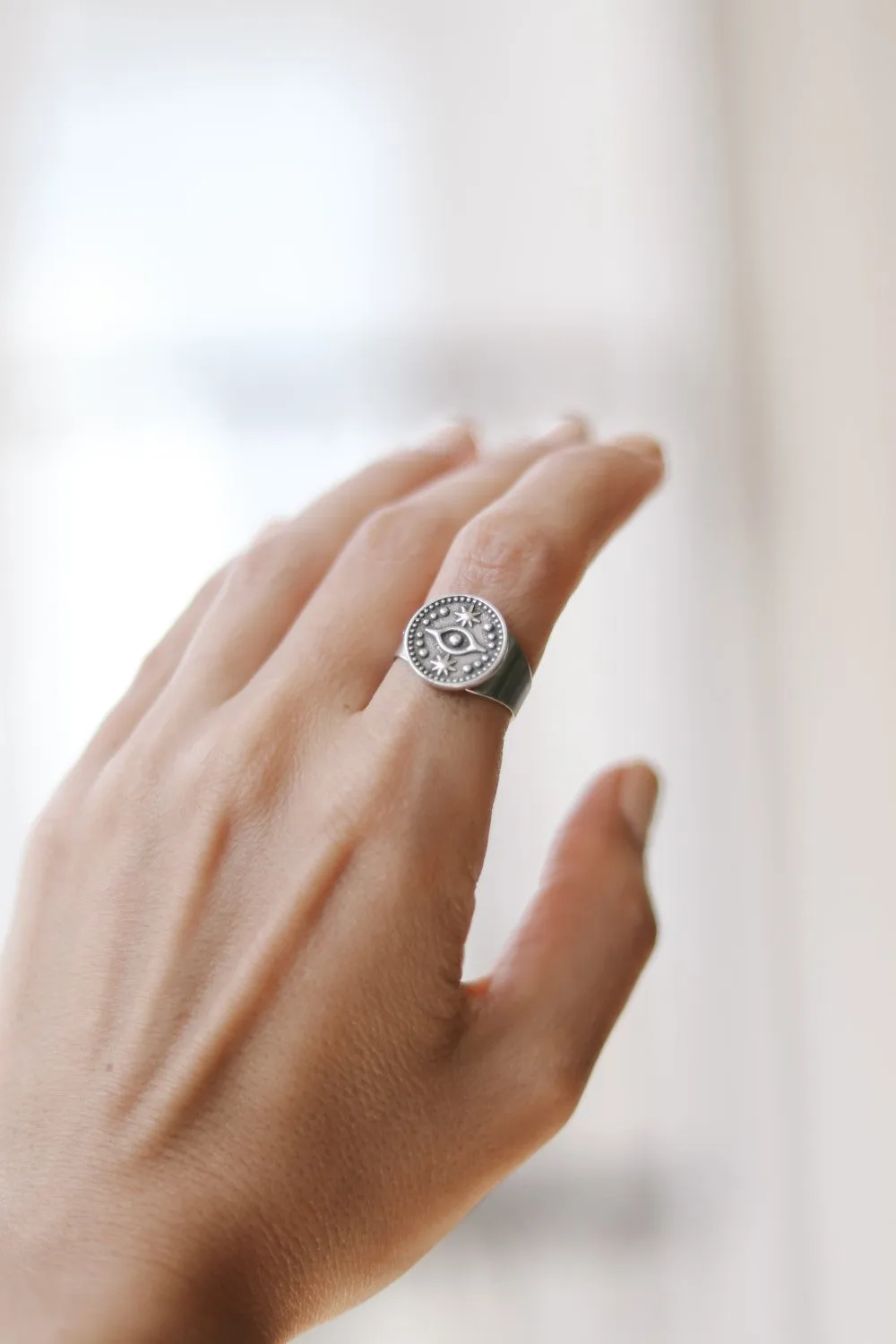 Silver evil eye coin ring, wrapped ring, minimalist jewelry, stacking ring, birthday gift for her, adjustable statement ring, disc medallion