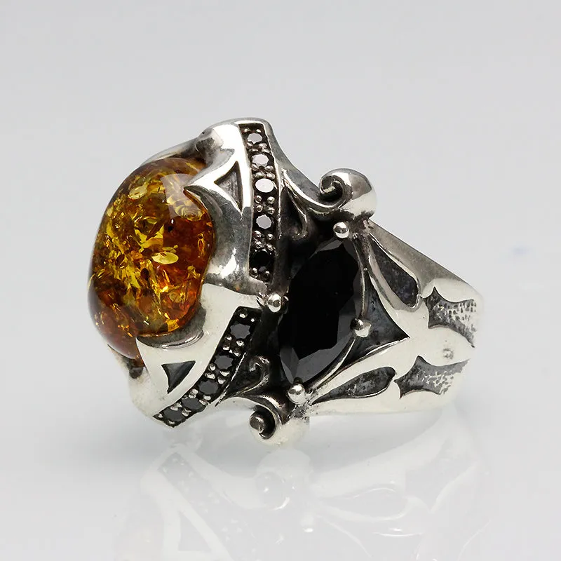 Silver Retro Amber Stone Ring!