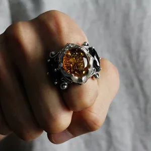 Silver Retro Amber Stone Ring!