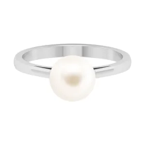 Simple Freshwater White Pearl Solitaire Engagement Ring in Gold