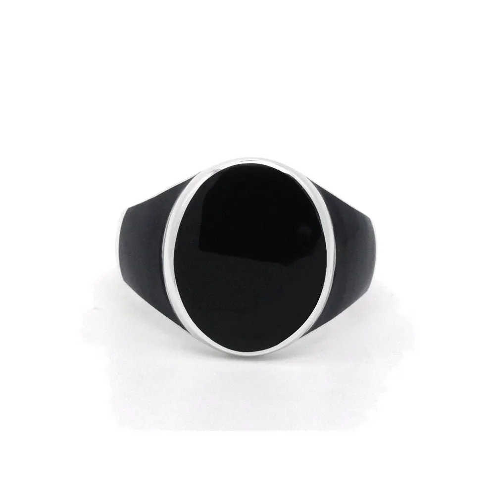 STERLING SILVER BLACK ENAMEL OVAL SIGNET RING