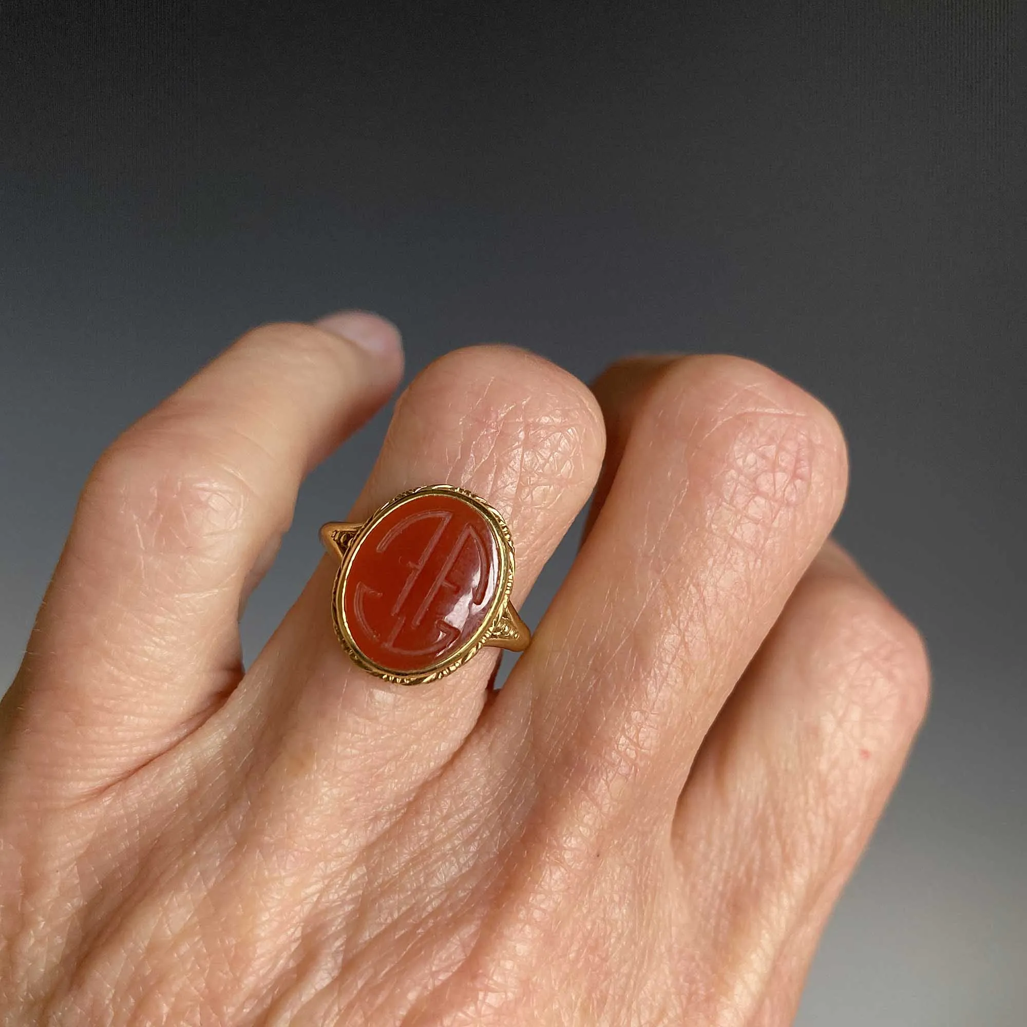 Vintage 18K Gold Carnelian Intaglio Wax Seal Ring