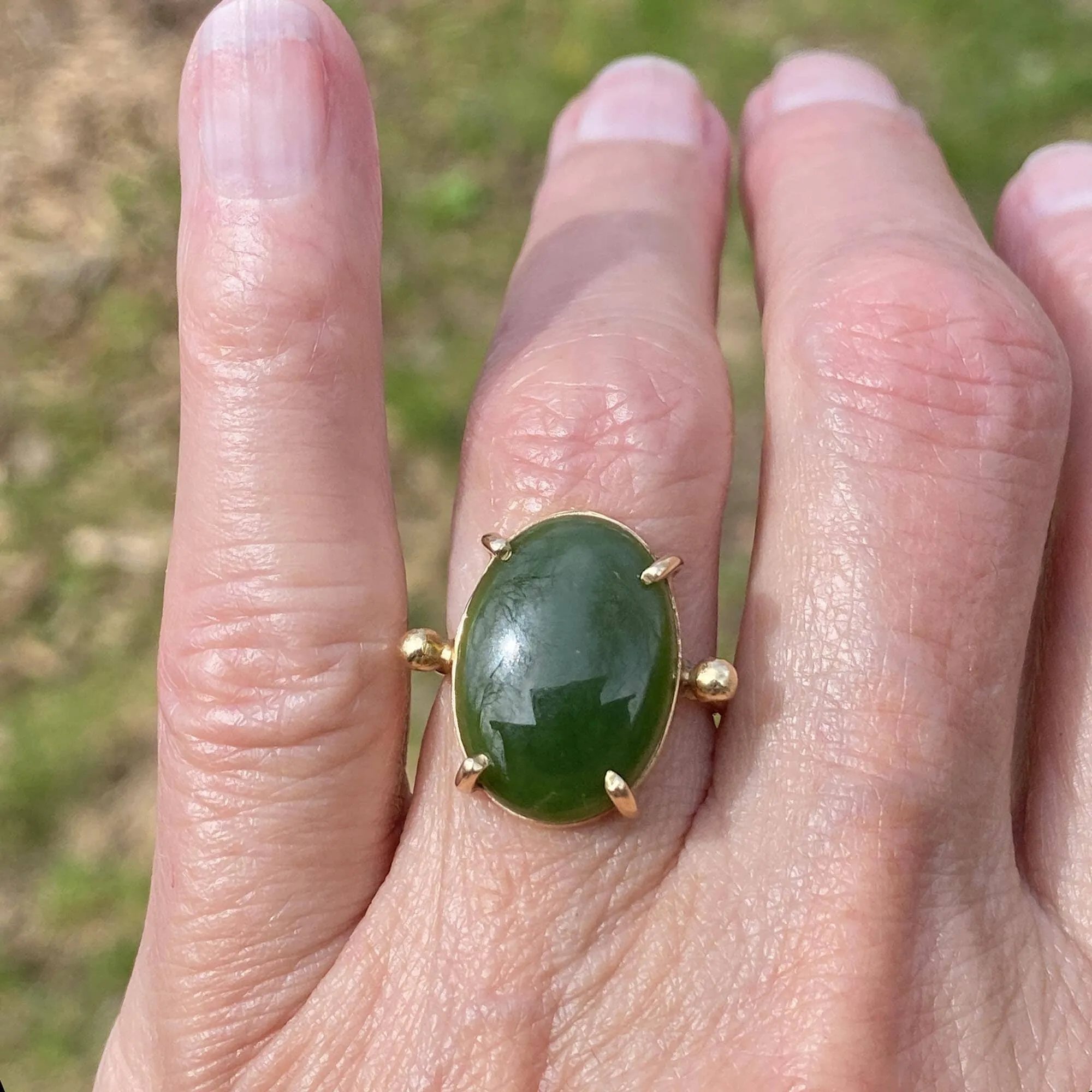 Vintage Gold Green Jade Cabochon Statement Ring