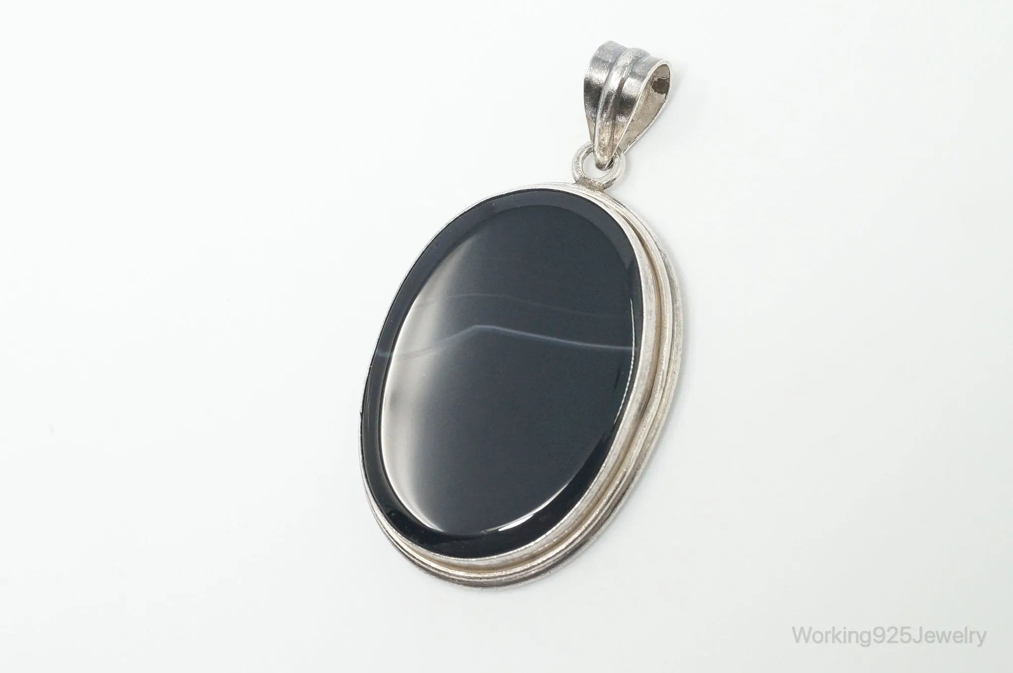 Vintage Large Black Lace Agate Sterling Silver Pendant