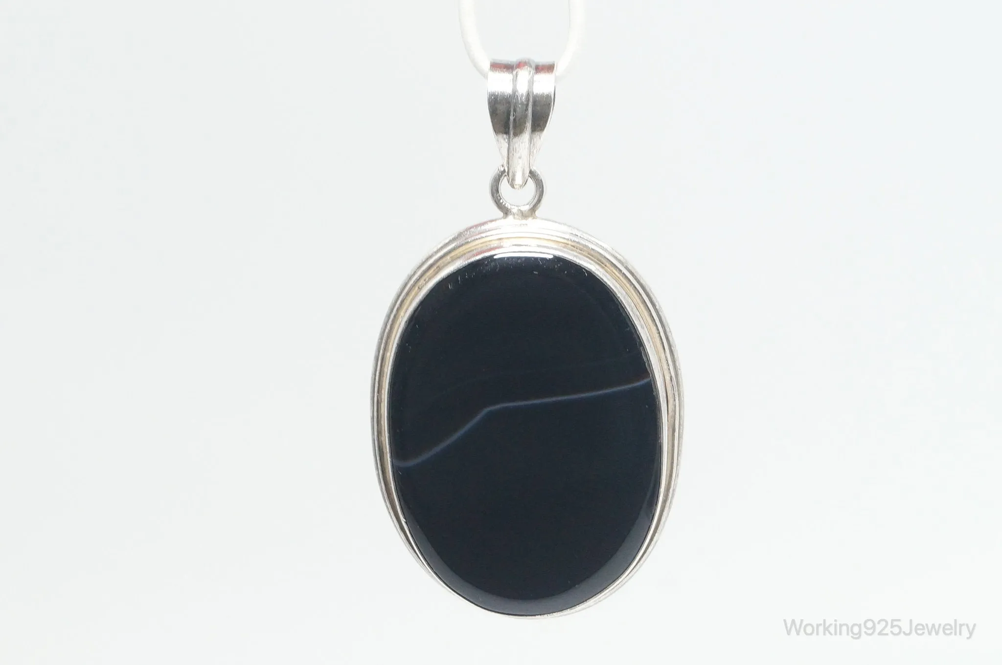 Vintage Large Black Lace Agate Sterling Silver Pendant