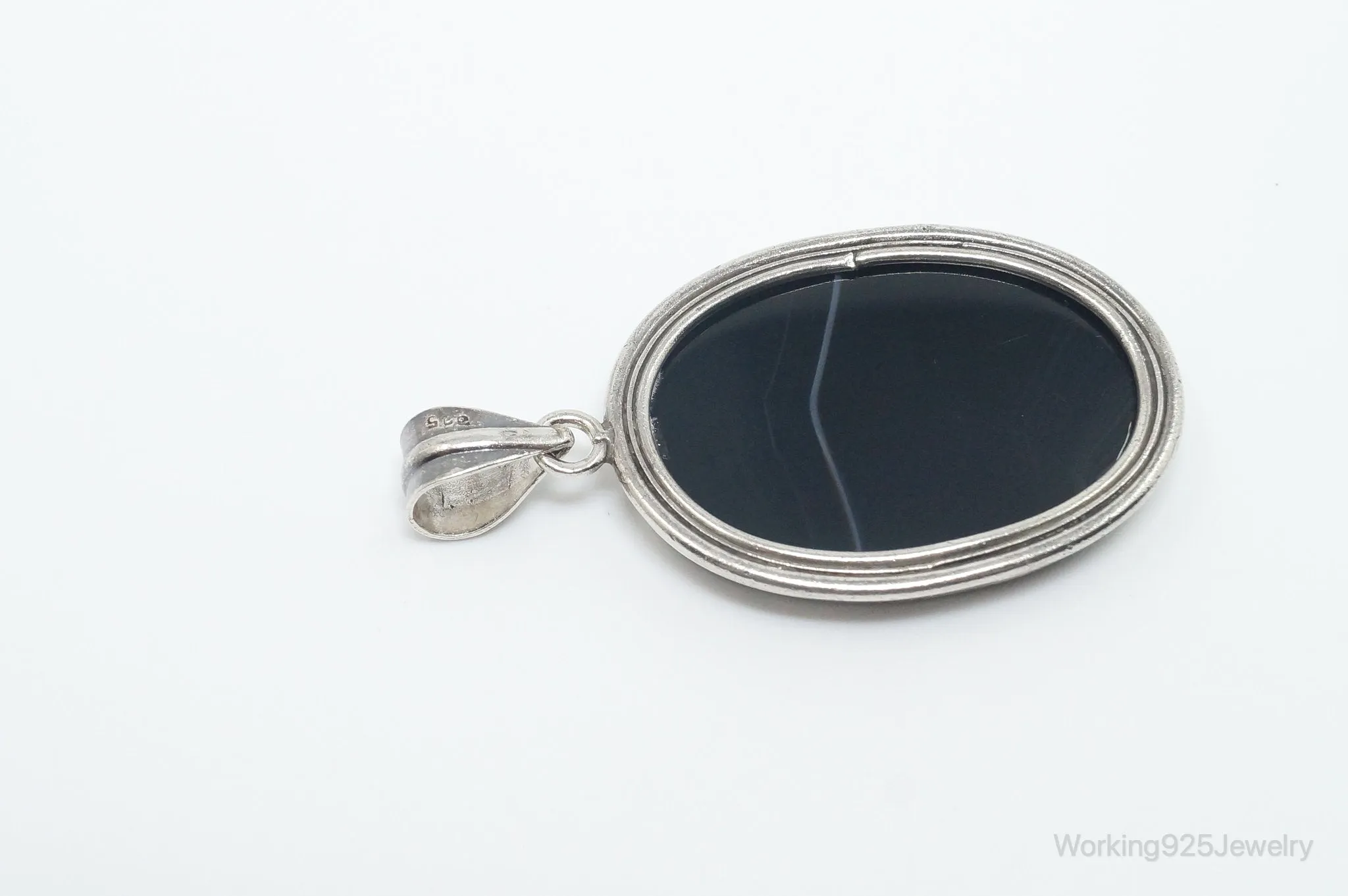 Vintage Large Black Lace Agate Sterling Silver Pendant