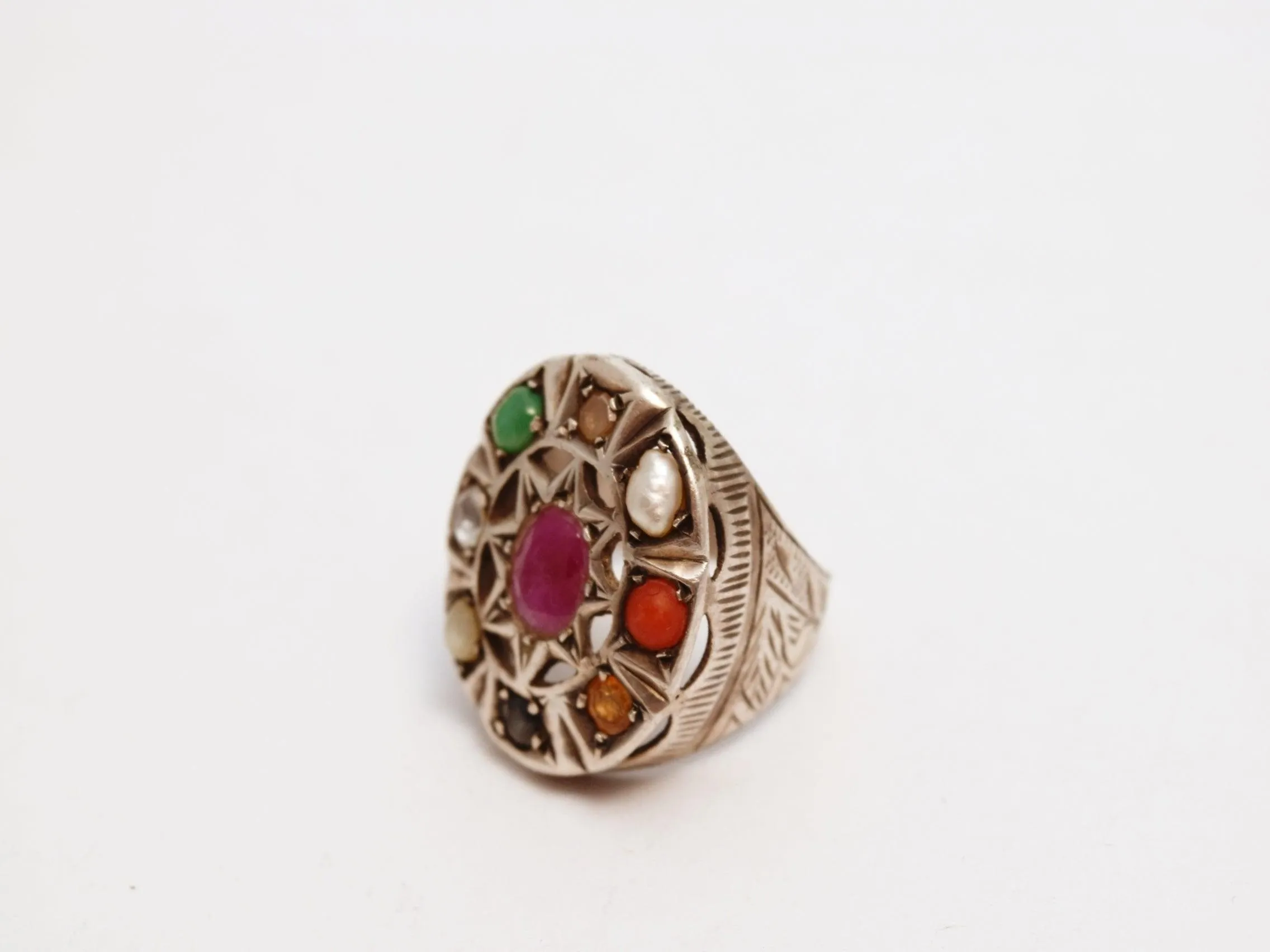 Vintage Middle East Multi Gem Silver Ring