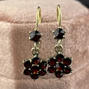 Vintage Rose Cut Garnet Flower Cluster Dangle Earrings